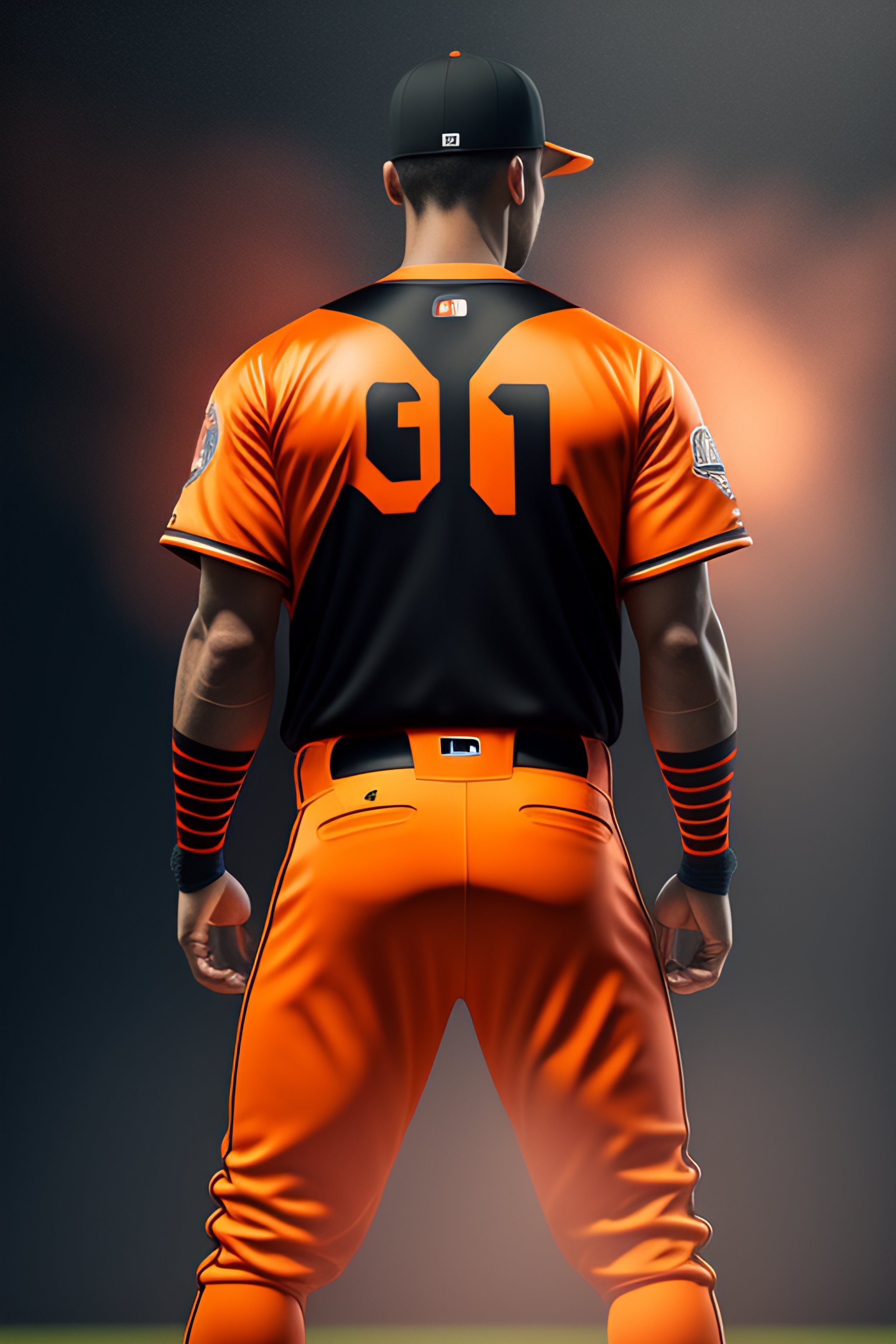 Lexica - Disruptive baseball uniform orange and black, detailed, cinematic,  hyperrealistic,, fullbody, symetric, no letters, no logo