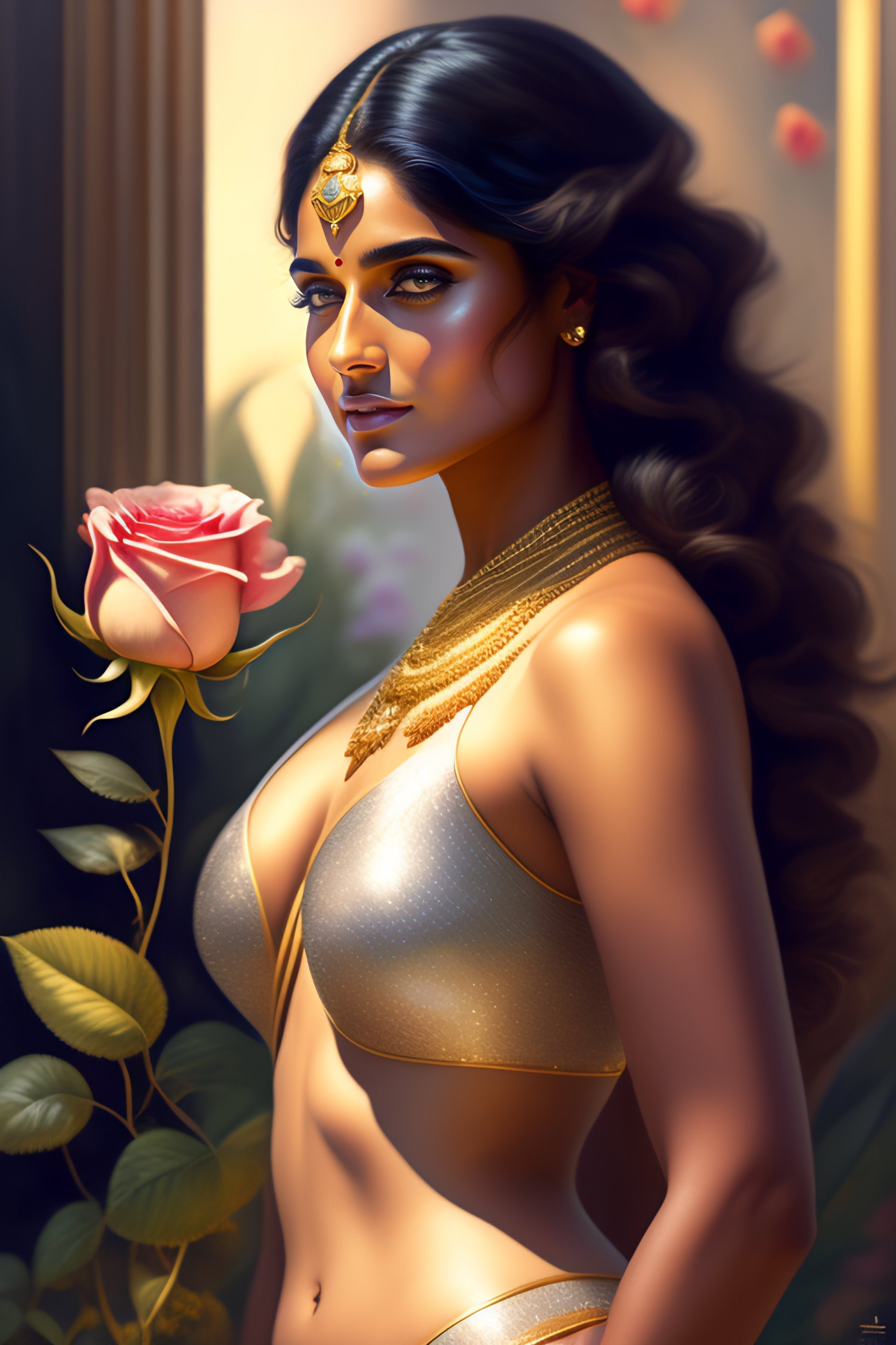 Lexica - Spanish woman niveda thomas, smelling a flower, roses everywhere, highly  detailed, silver bra with golden line design, large bra, with golde