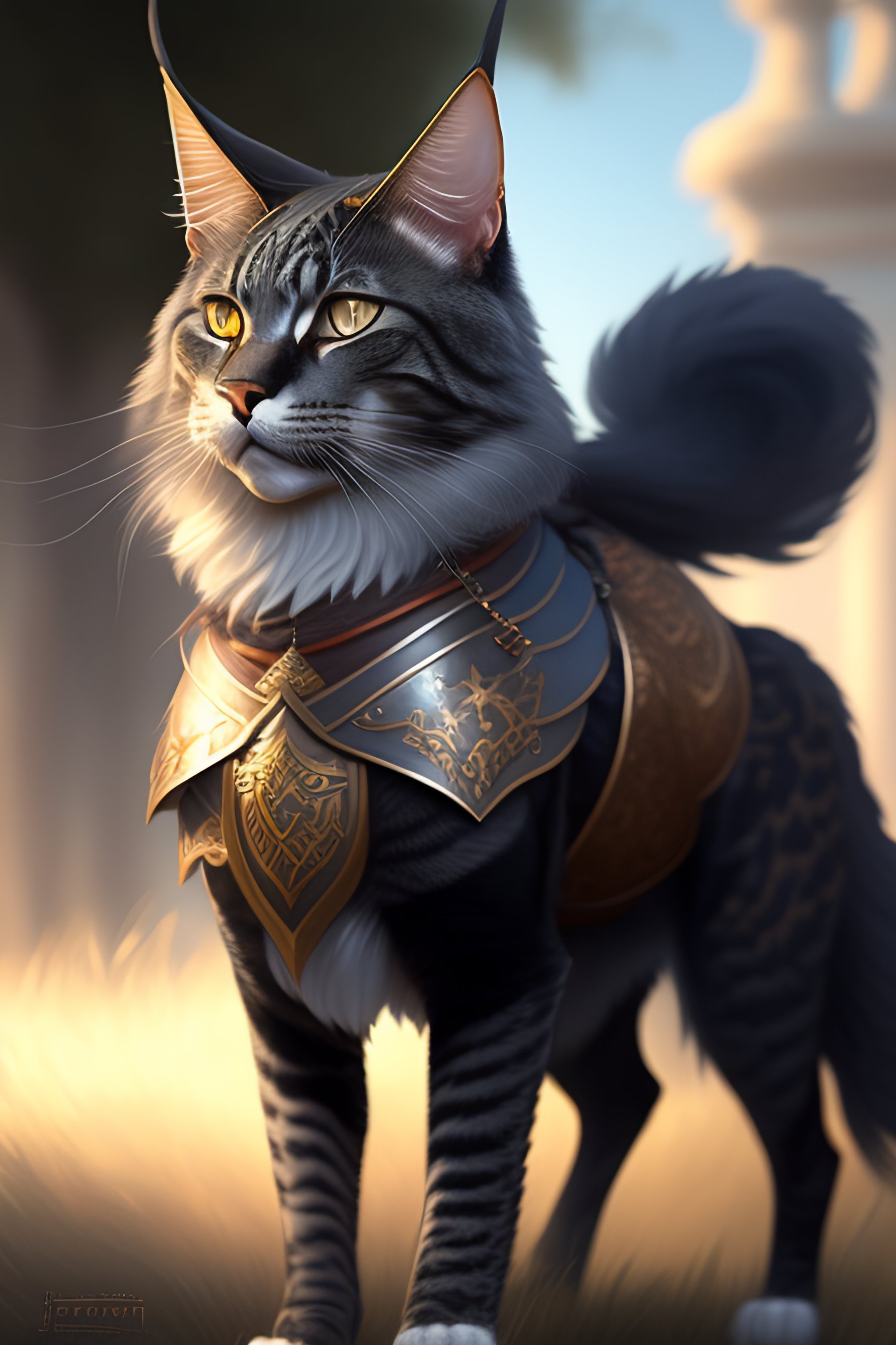 Lexica - A detailed full length of grey mainecoon cat in armor with ...