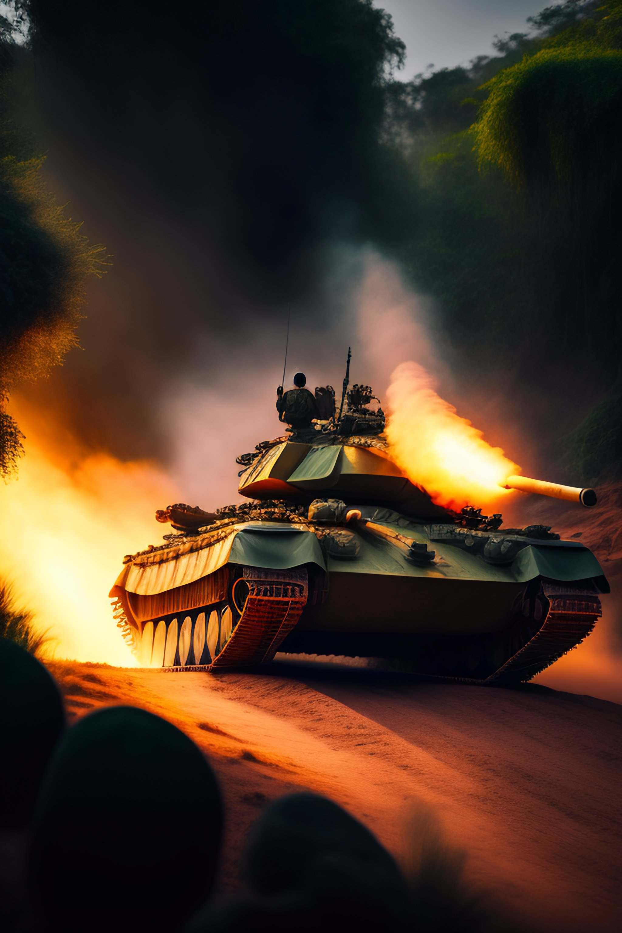 Lexica - Action shot of john rambo on a tank in a jungle, cinematic ...