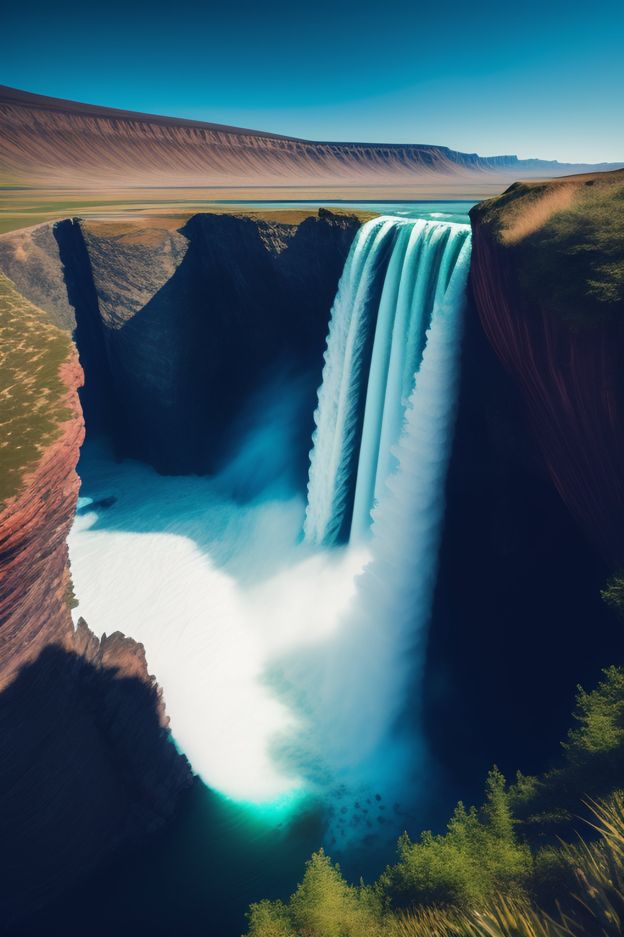 Lexica - A view from a cliff overlooking a waterfall spilling out into ...