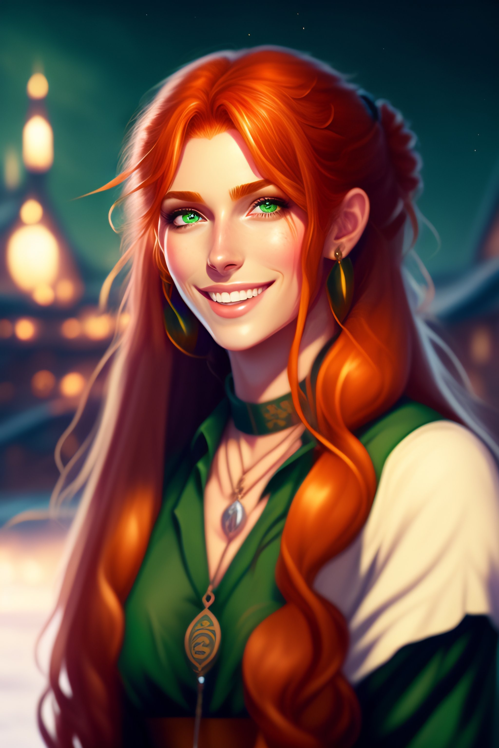 Lexica - Long ginger hair, tanned man in female medieval outfit, green ...