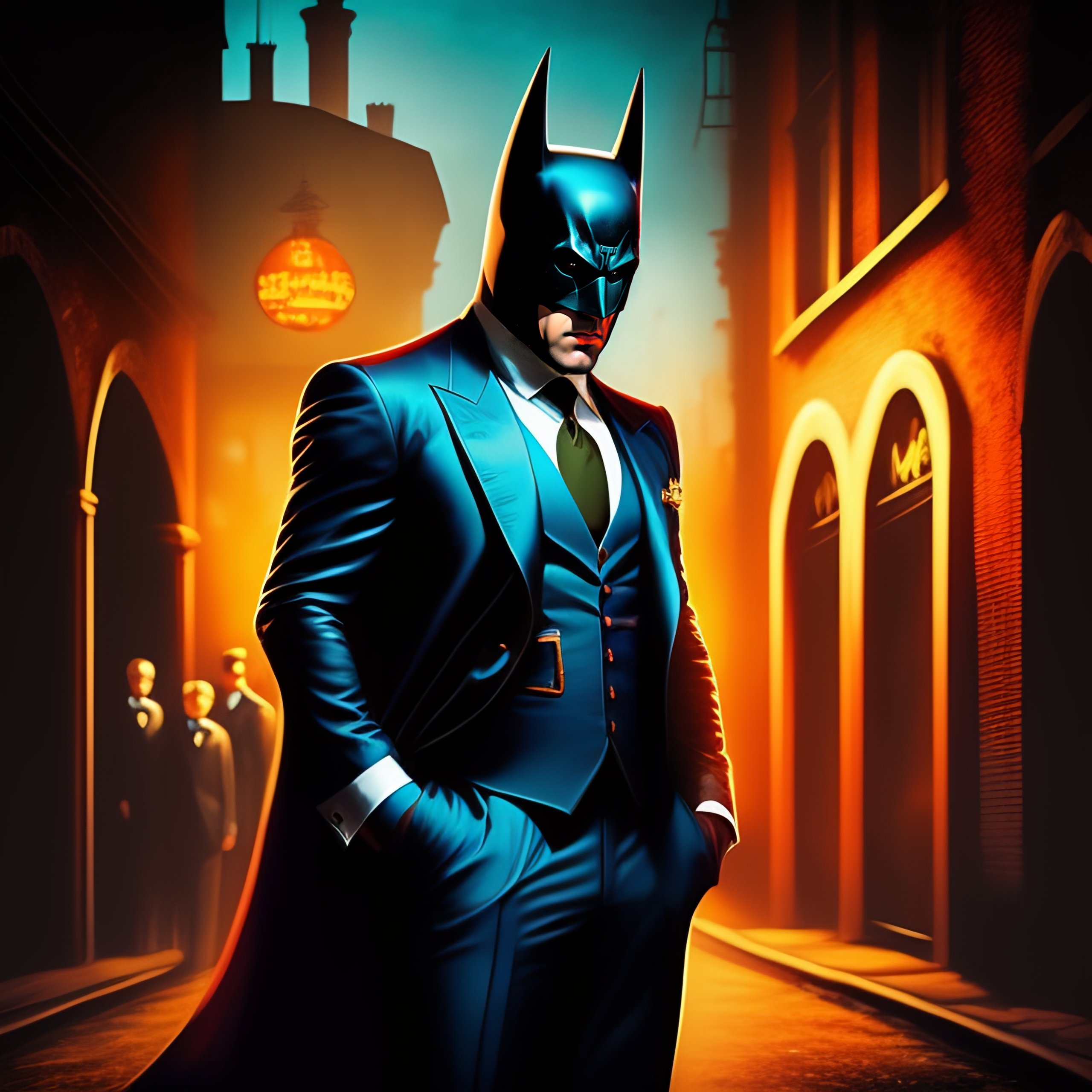Lexica - Batman inside a vintage alley in 1920s london,black batman suit,mafia  boss,haze,surrounded by mob,marvel art style,digital art,teal and oran...