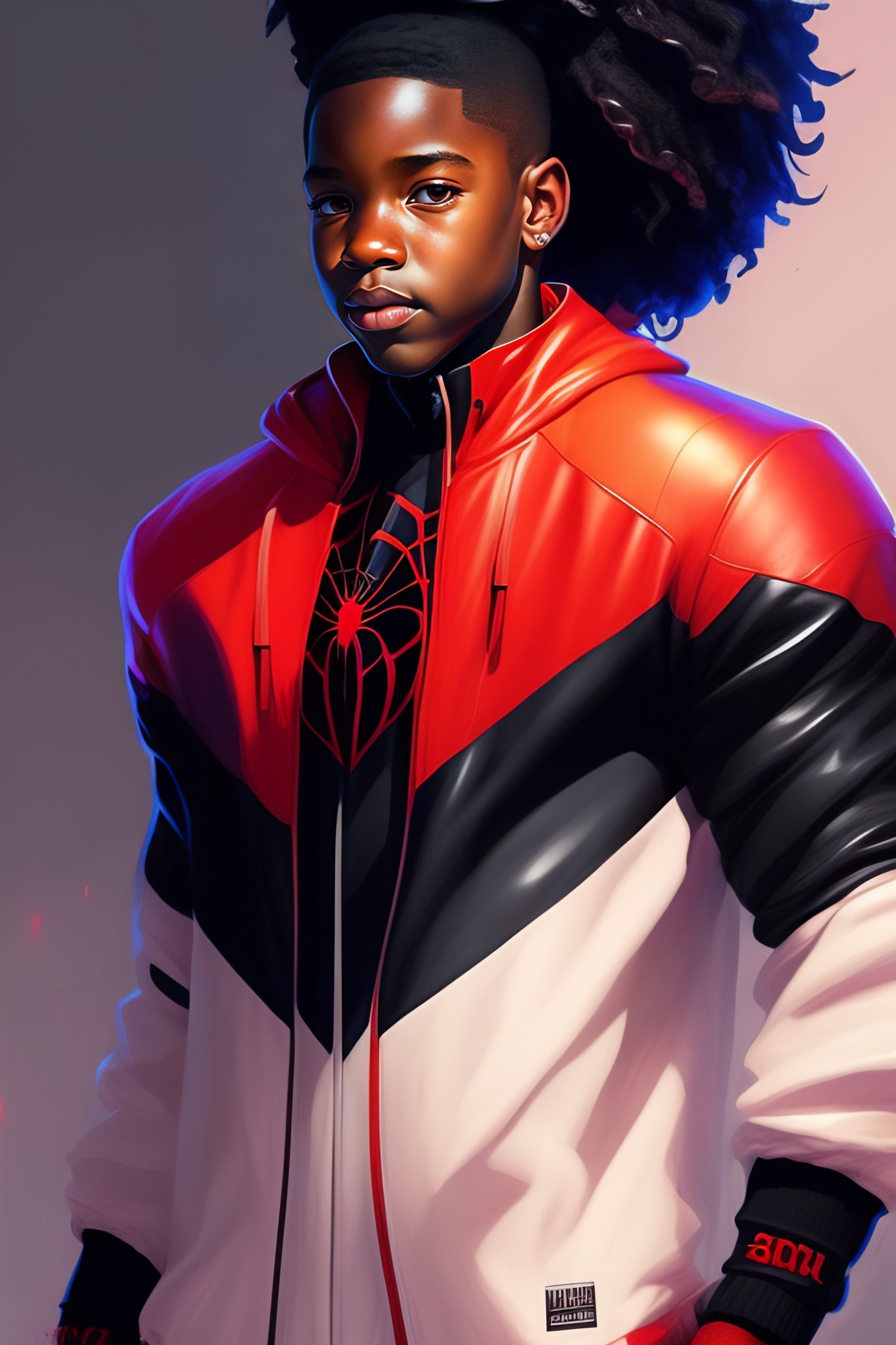 Lexica - Full body highly detailed portrait of miles morales from spiderman  into the spider verse(2018), by greg rutkowski, by greg tocchini, by jame...