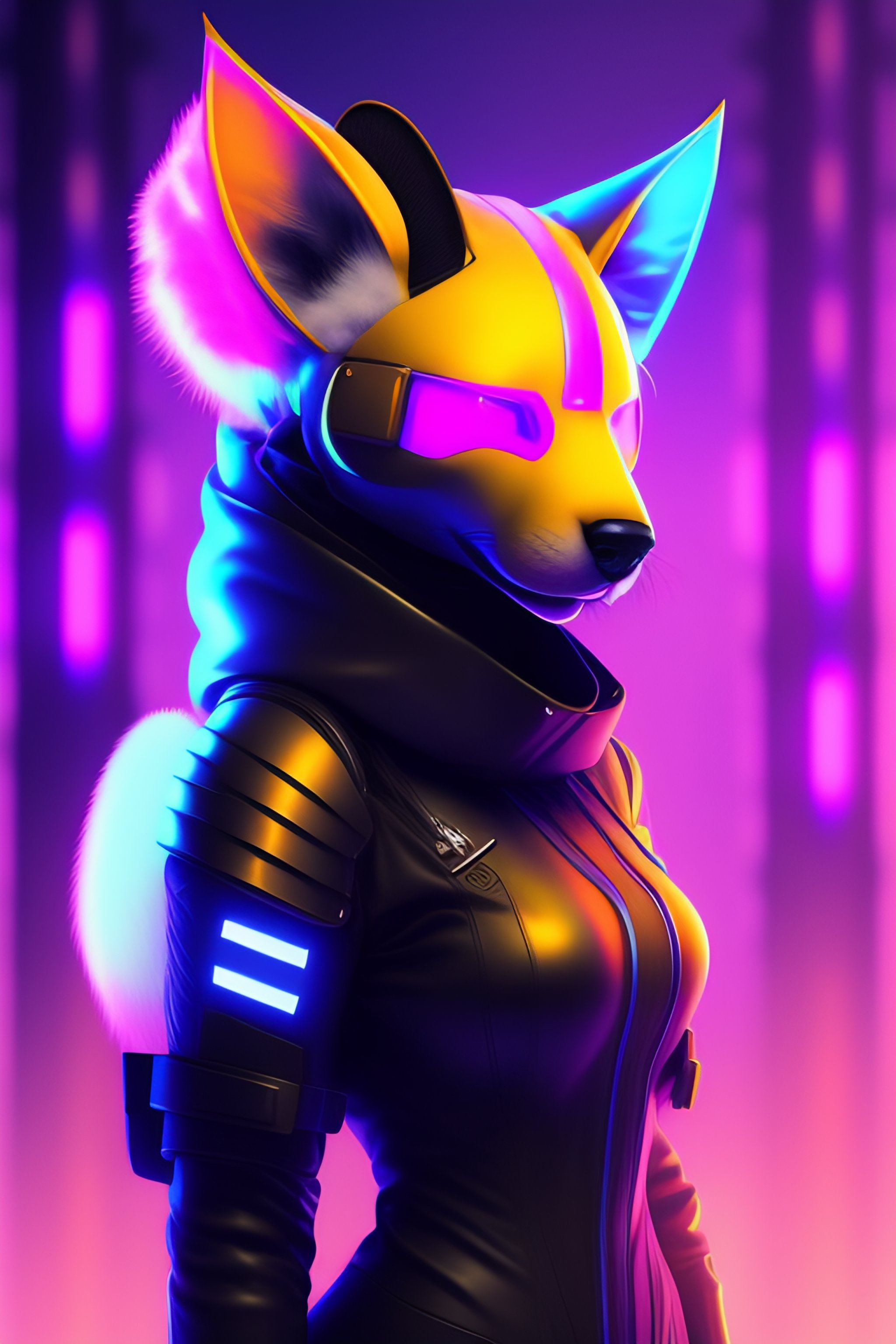 Lexica - Protogen fursona, cyber face, ultra fluffy tail, synthwave colours