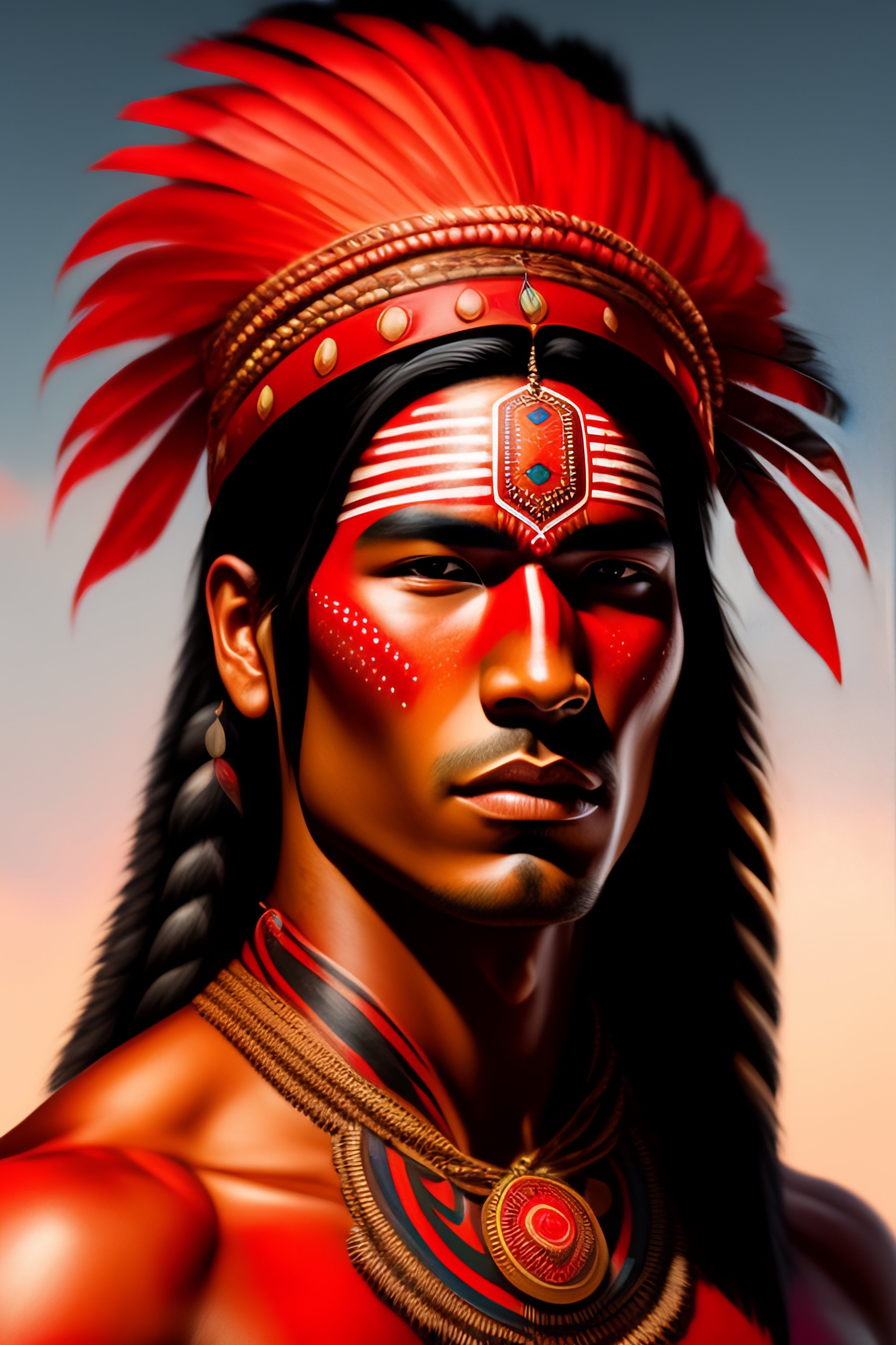 Lexica - Native american warrior painted in red body paint with an eye  shaped amulet in his neck, short hair, highly detailed, digital painting,  spl...