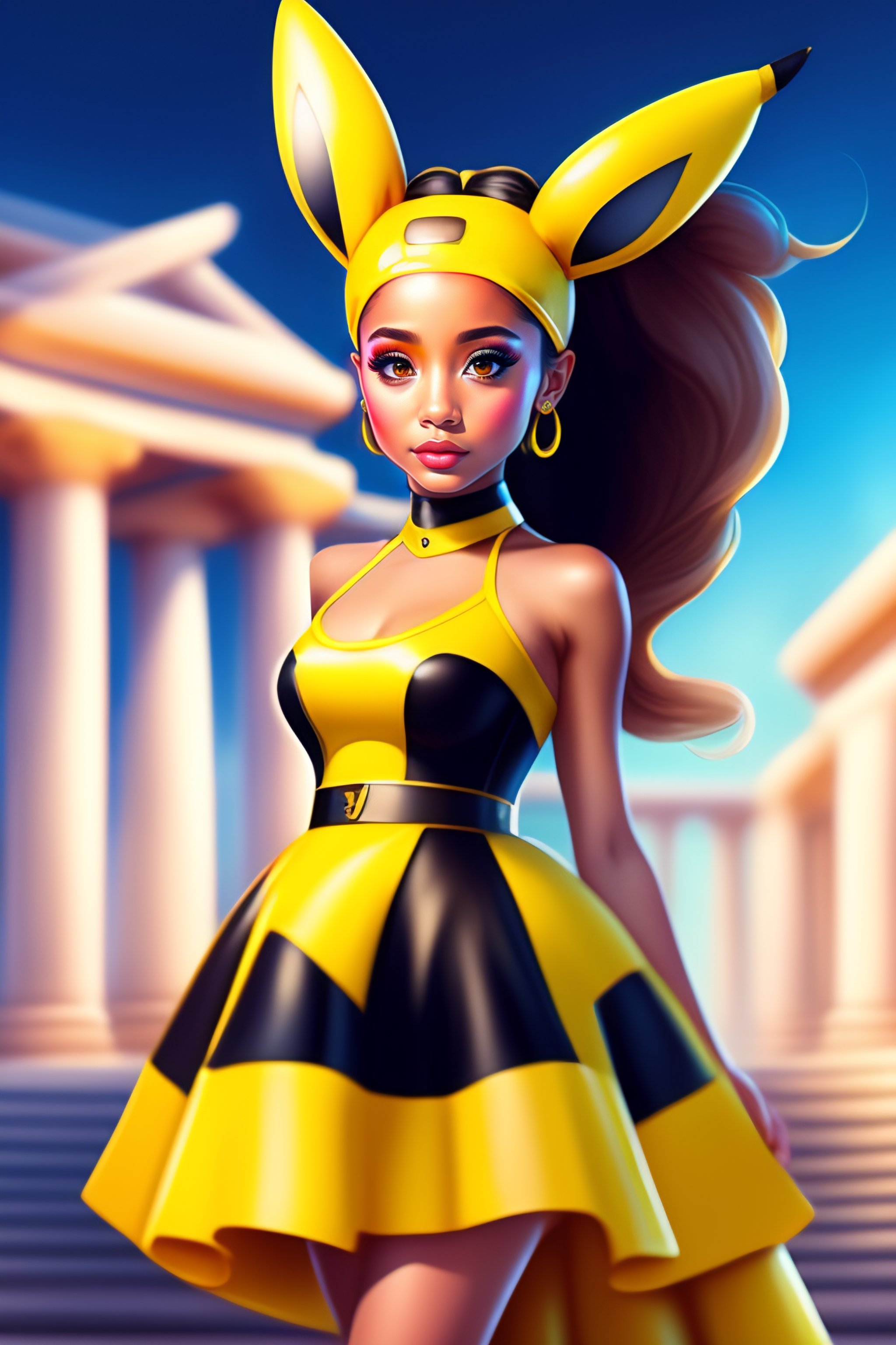 Lexica - Ariana Grande as pikachu, long hair pigtail, Full body view, greek  temple background, Pikachu ear, yellow dress, black shoes, virtual painte...