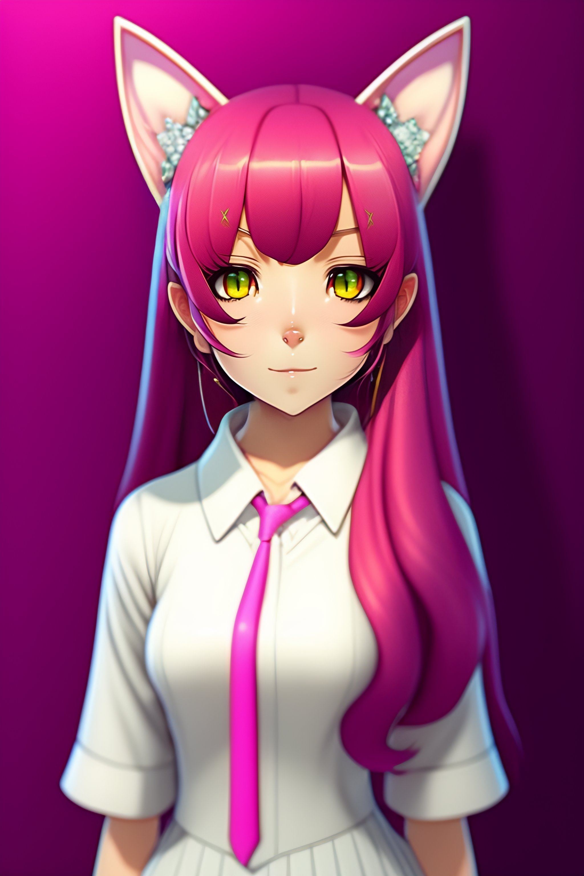 Lexica - Create an anime-style cat girl with long, flowing pink hair, big  green eyes, and wearing a white and pink school uniform. She should have  ca...