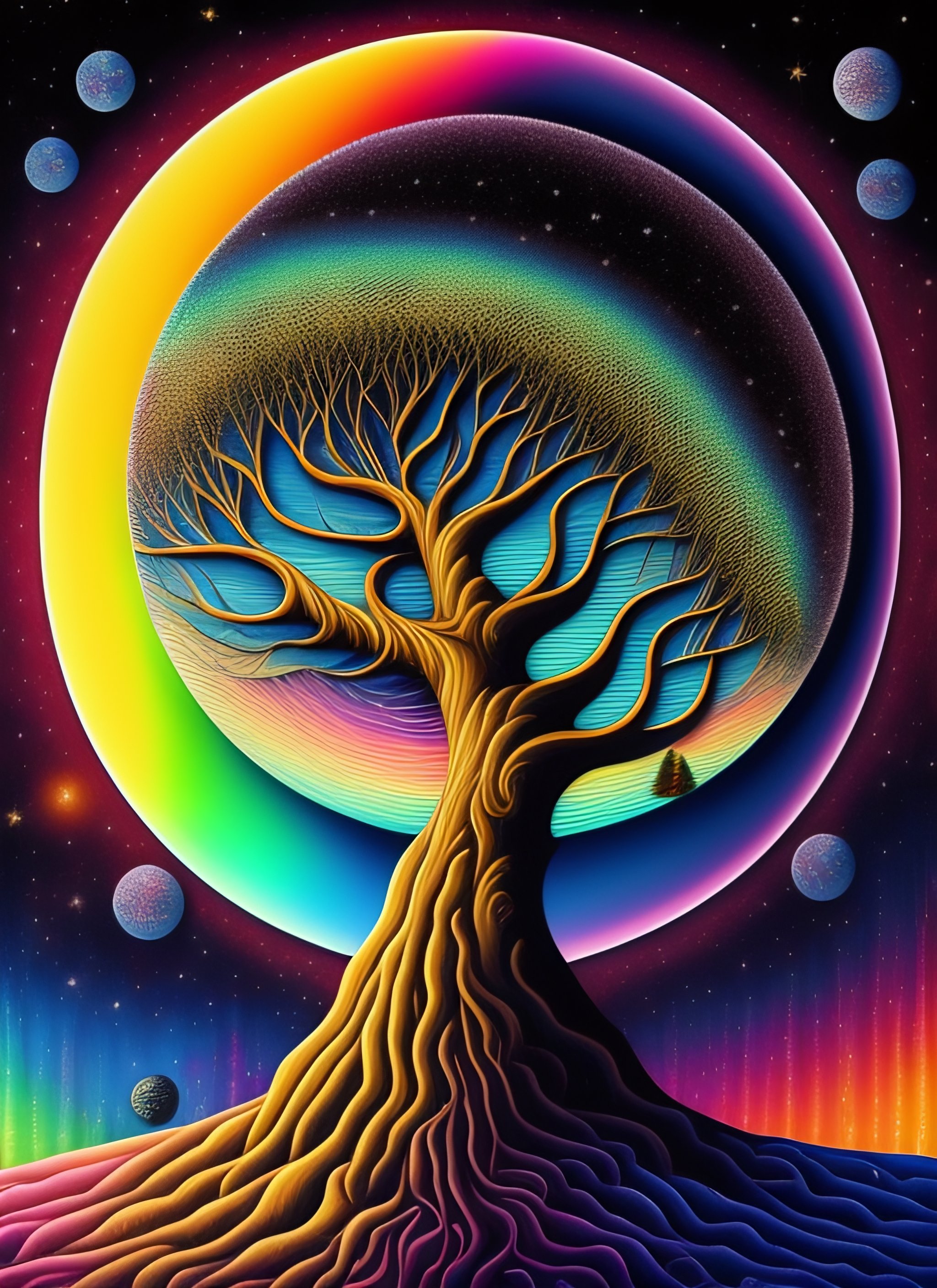 Lexica - Pen drawing of a tree on the moon, outer space, rainbow colors ...