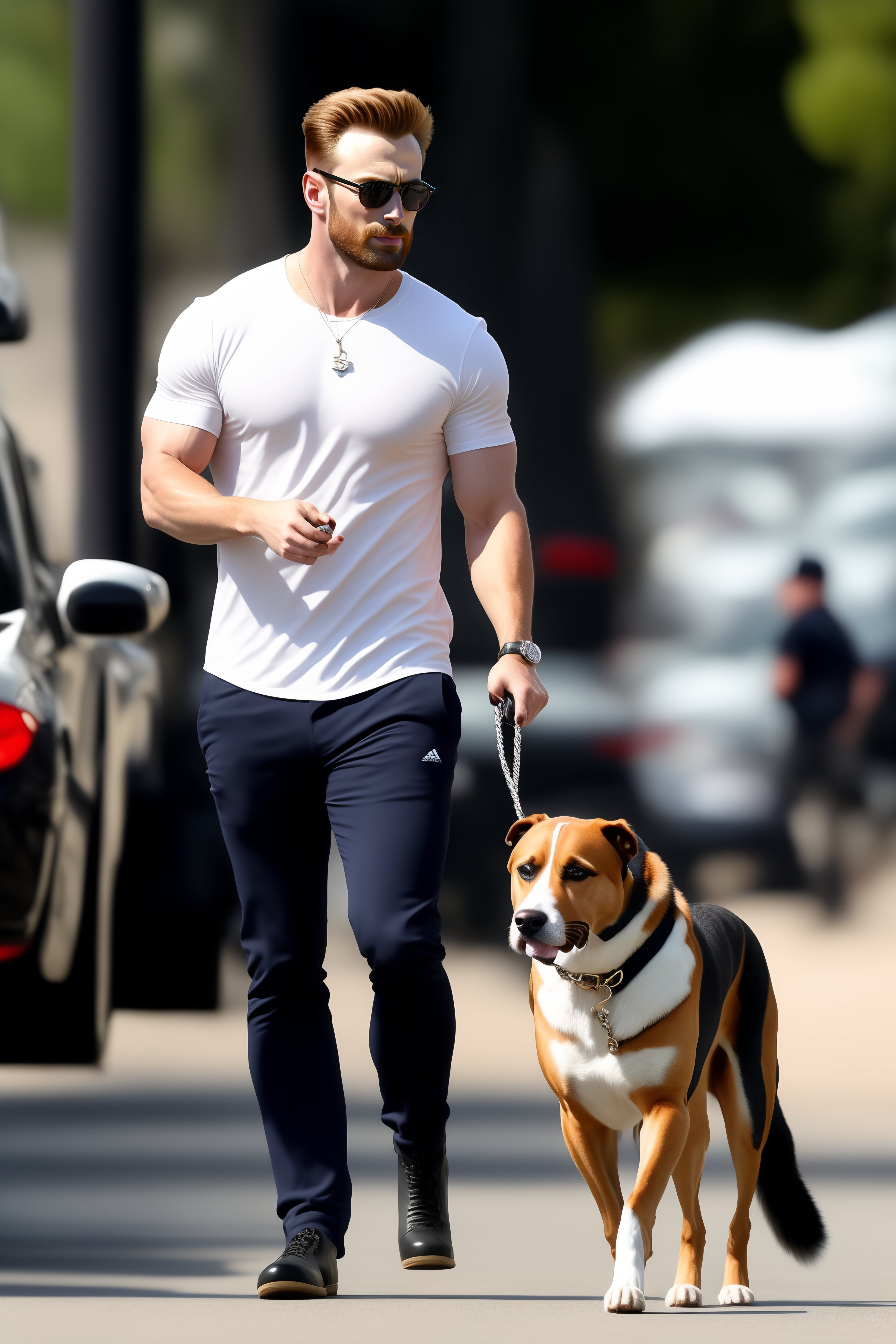 Lexica Chris Evans is walking into a doggy daycare, holding the leash