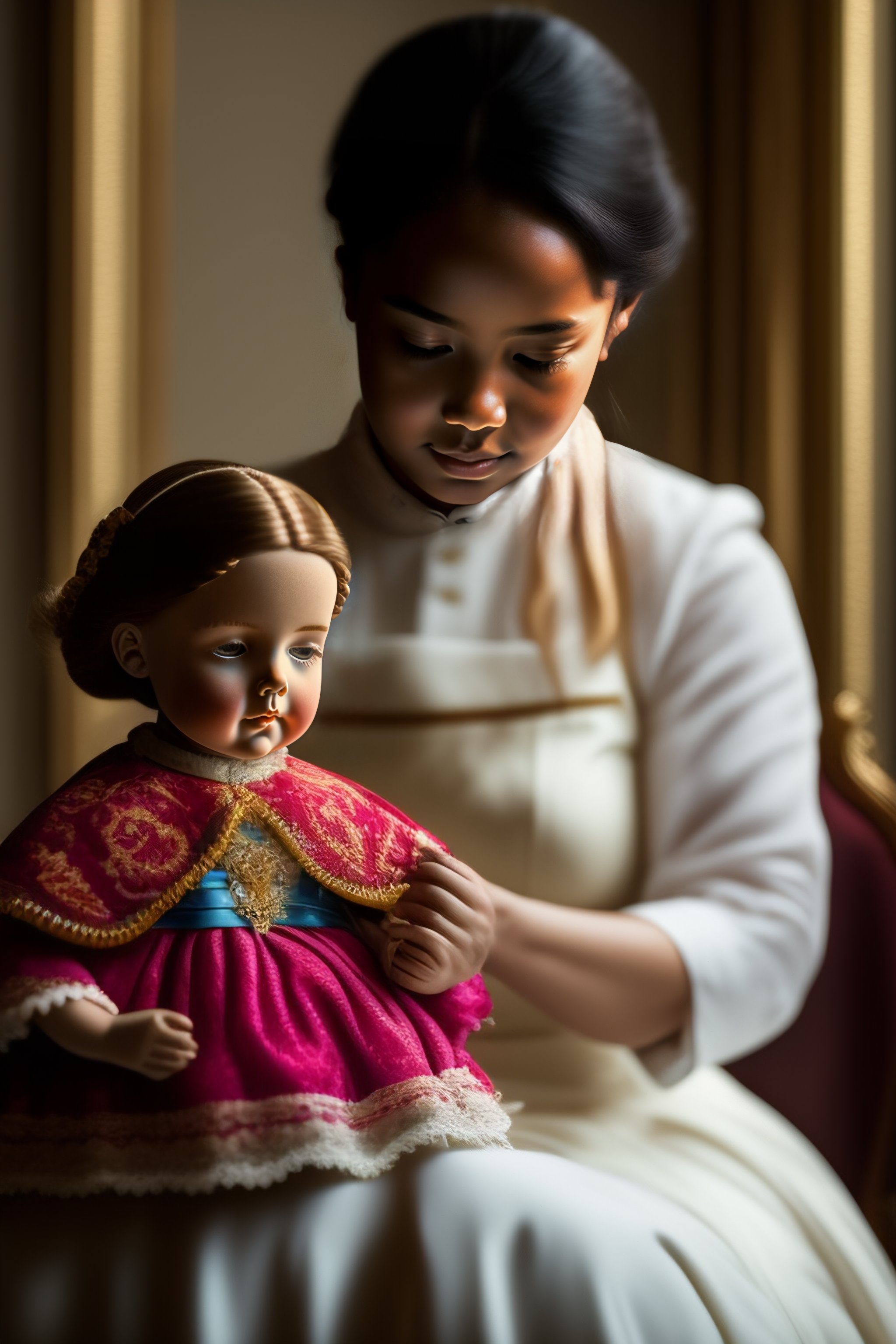 Lexica - A young white woman in the room is sitting and sewing a doll ...