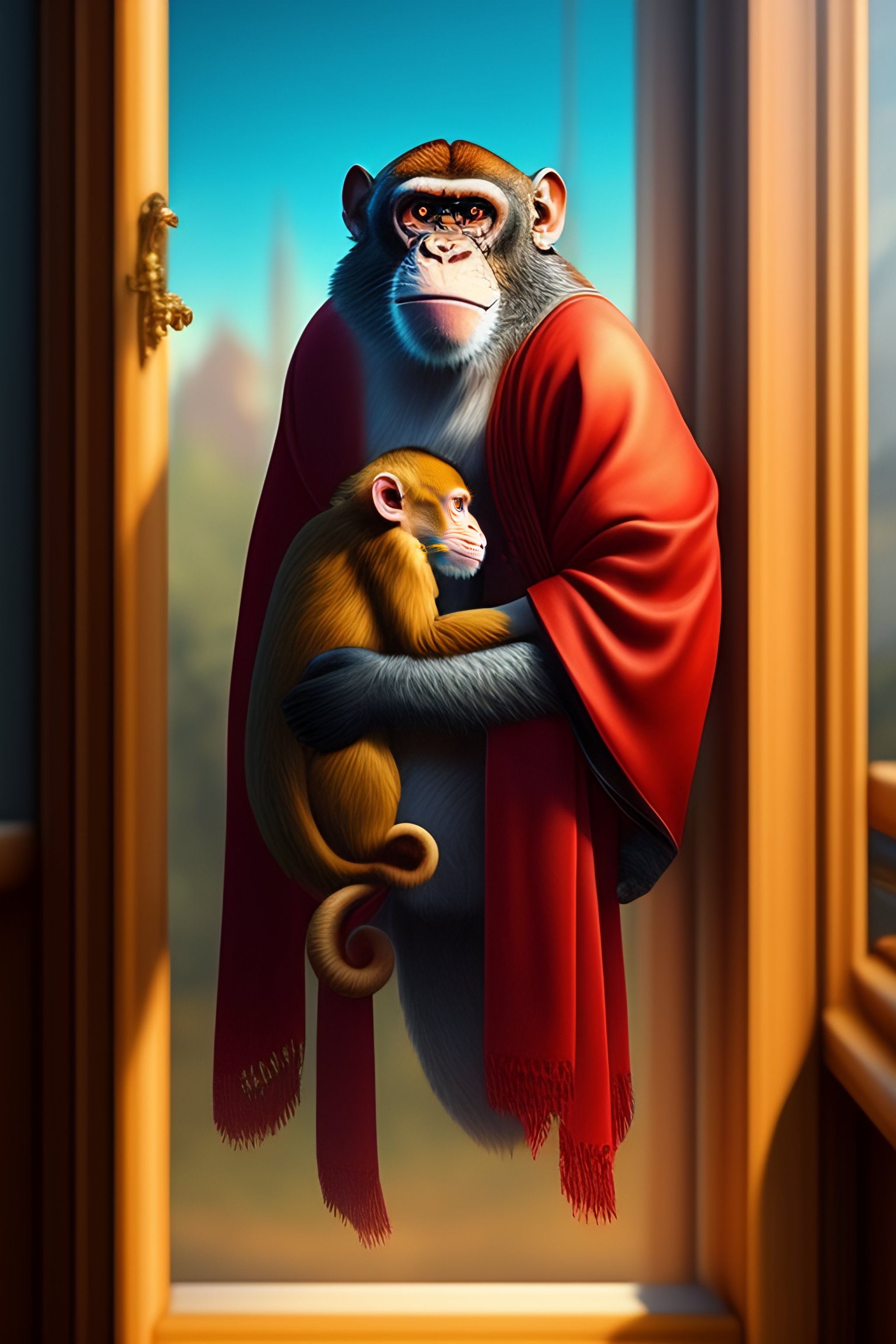 Lexica - Game character, long rod, monkey on shoulder, cloth robe on ...