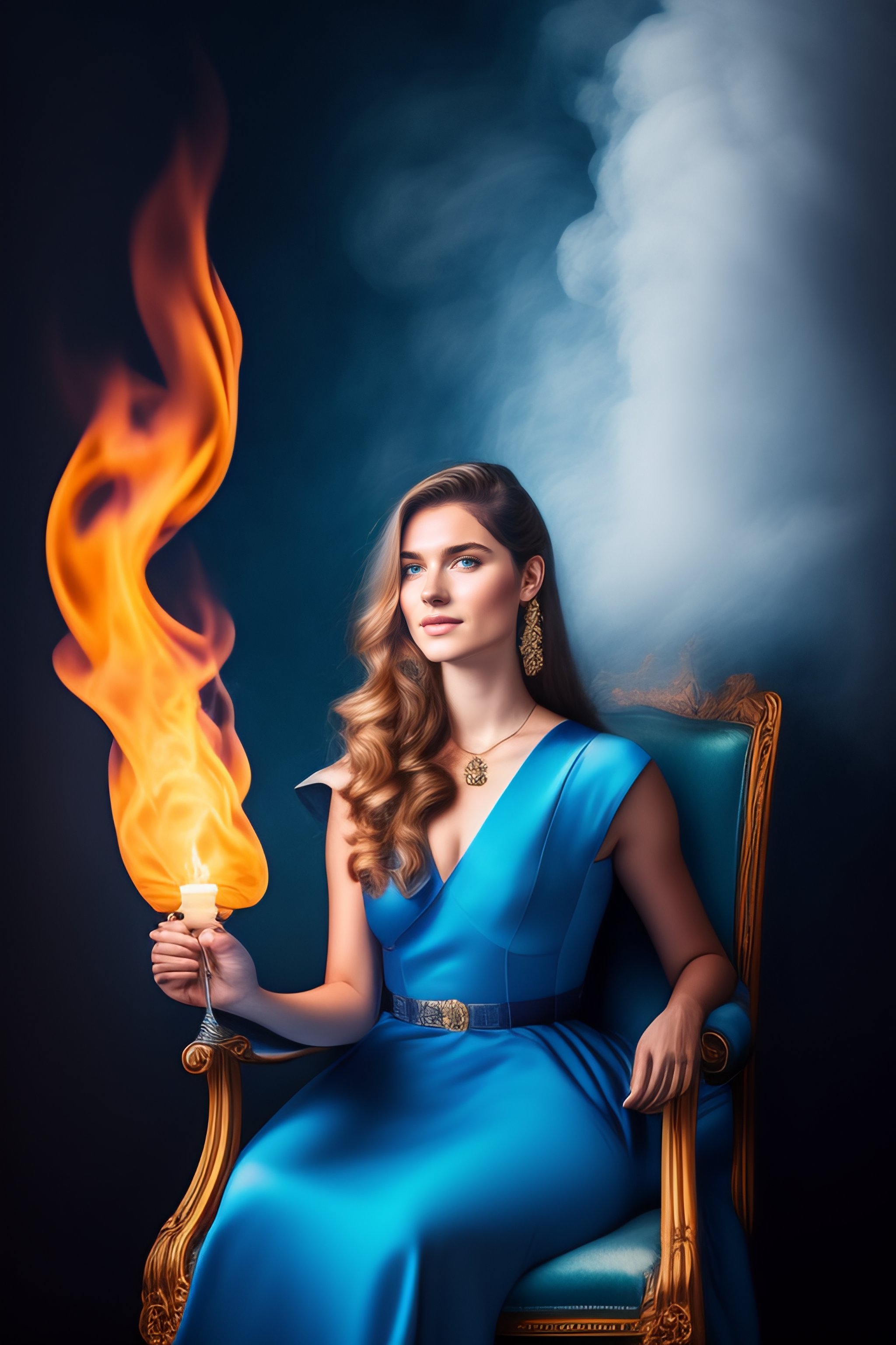 Lexica - 18 year old woman in blue dress sits on a chair and raises his ...
