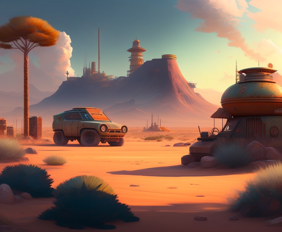 Lexica - Ghibli wasteland, post apocalyptic, desert junkyard, style of ...