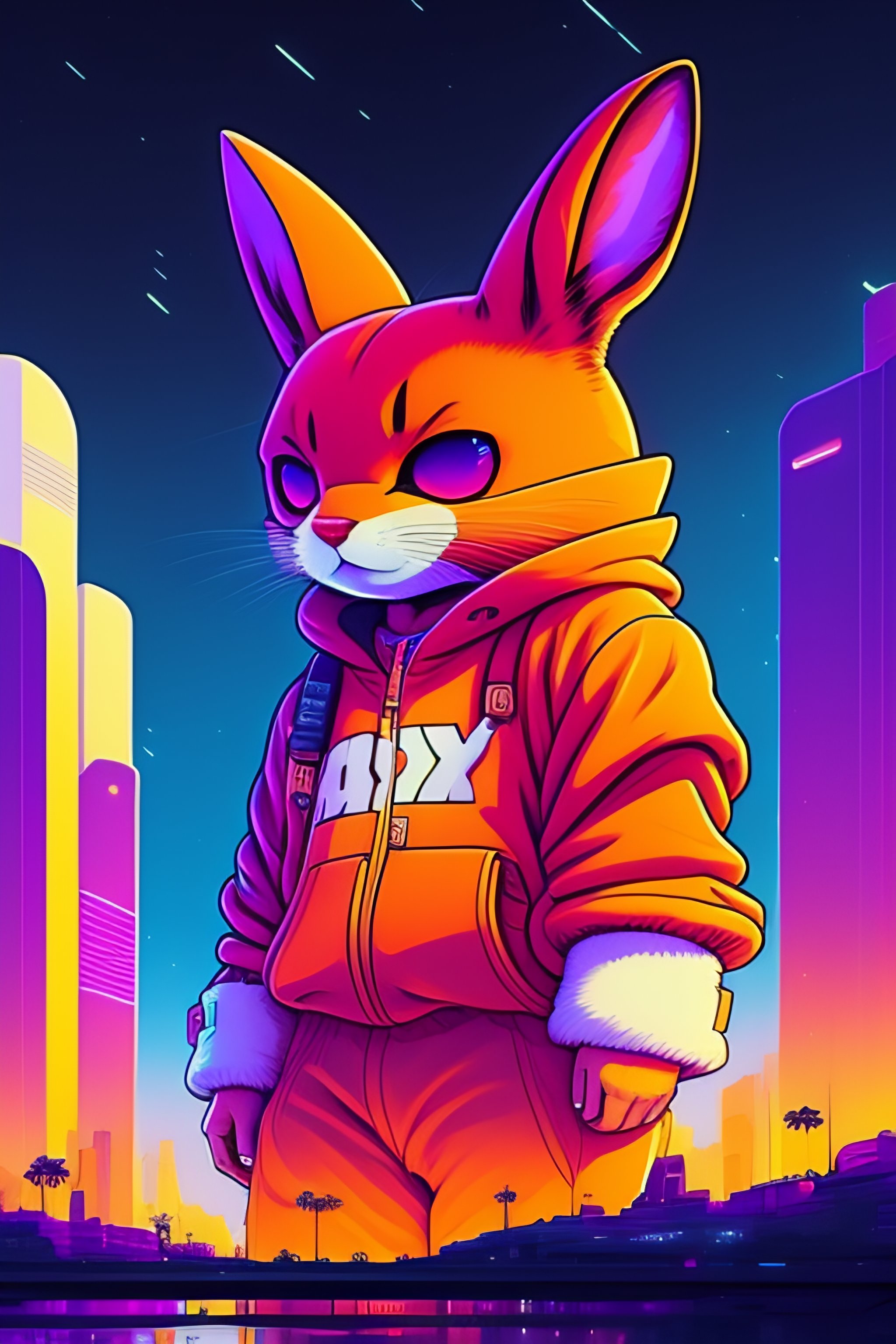 Lexica - Photo of of a huge rabit with spraycans in a fusion cityscape ...