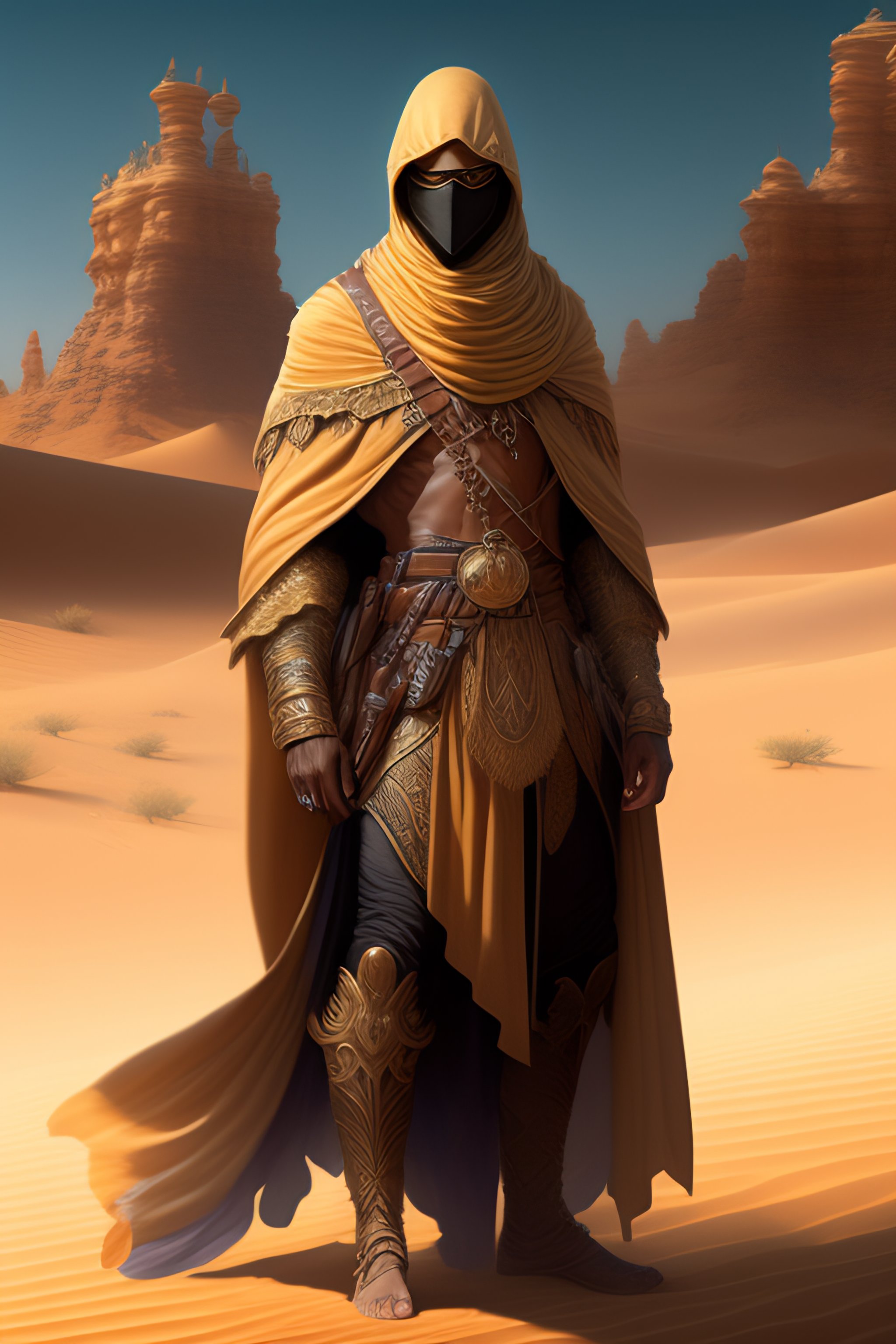 Lexica - A drawing of a masked man in dusty clothes with a sharp look in the  middle of the desert art by art germ and greg , fantasyrutkowski and alp