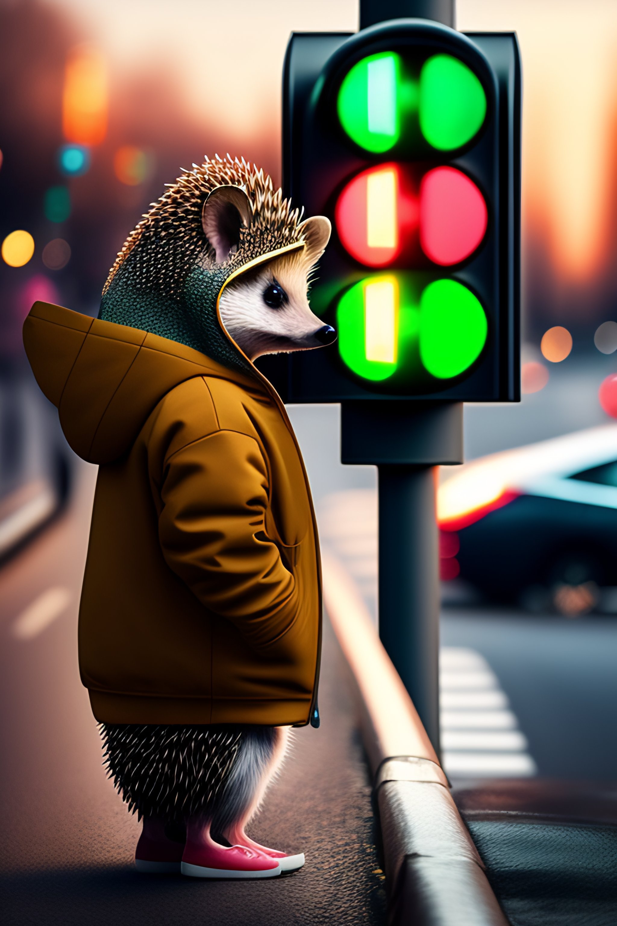 Lexica - A hedgehog waits at a set of traffic lights, Hedgehog is ...