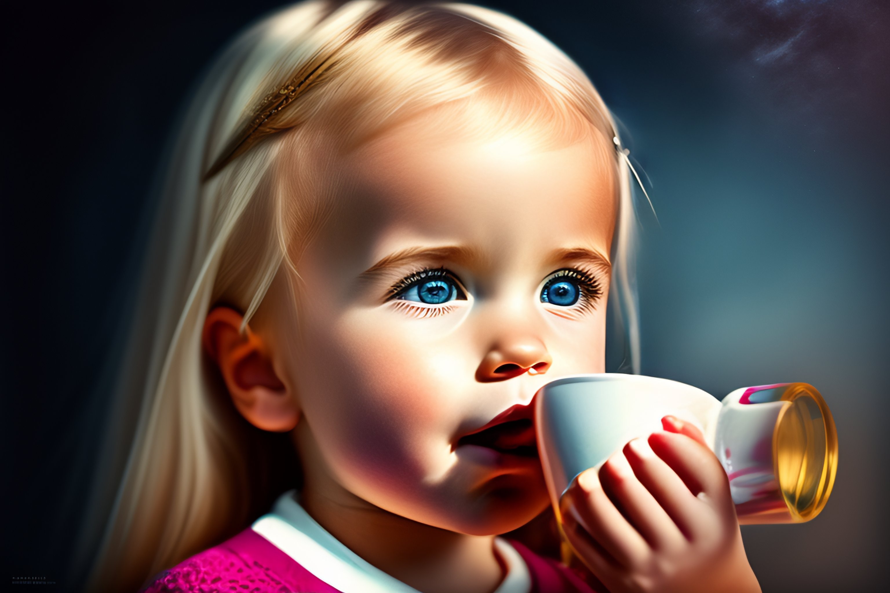 Lexica - 3 year old blonde girl drinking from a cup. photorealistic