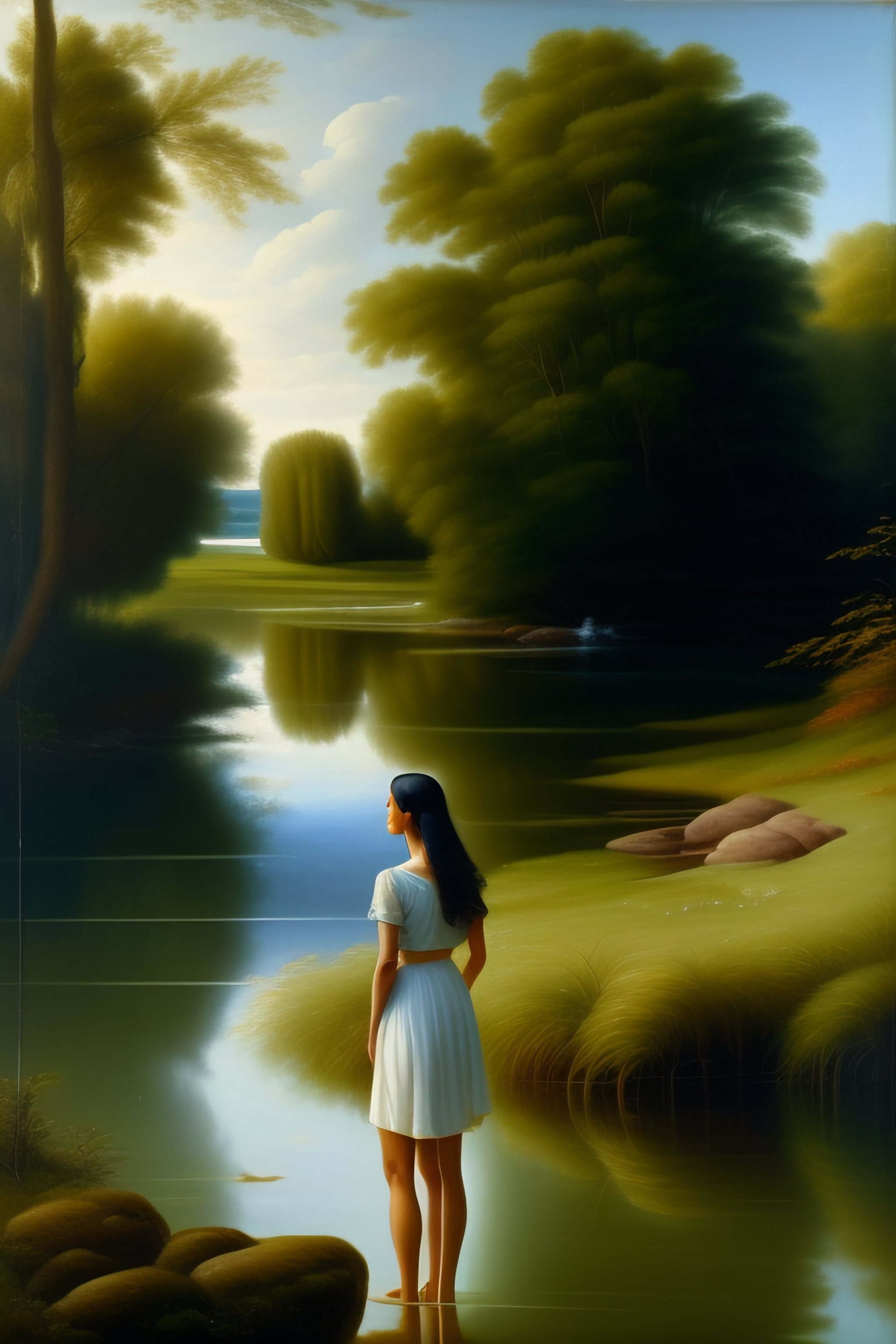 Lexica - A young woman facing the objective, with her feet in the water ...