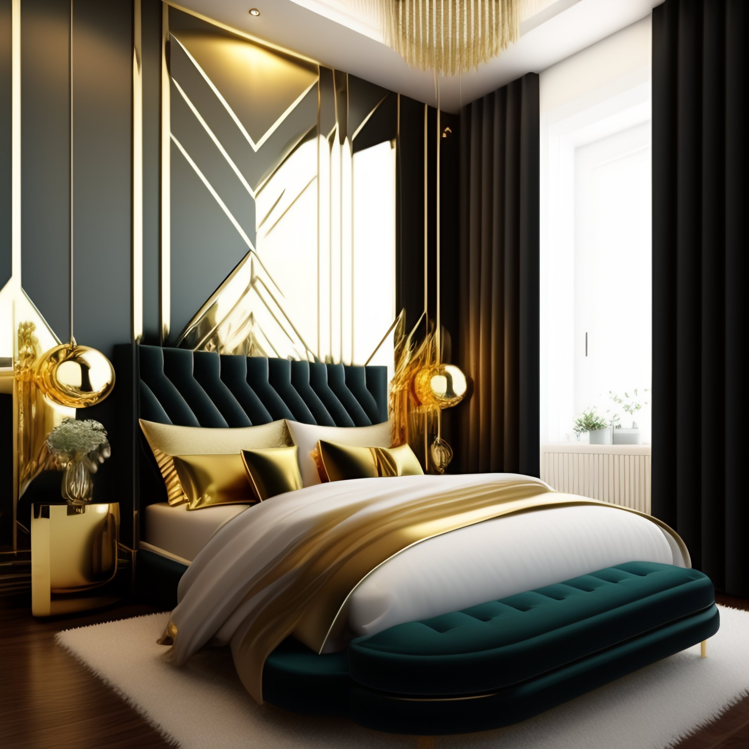 Lexica - Seagreen and golden small bedroom design golden lines on wall