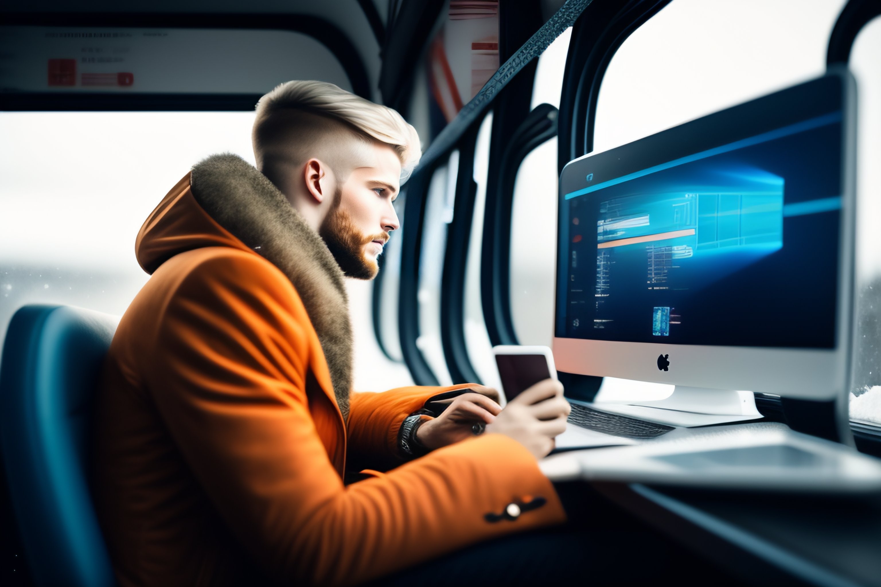 Lexica - Blond hipster programer working in a bus, on a laptop in a ...