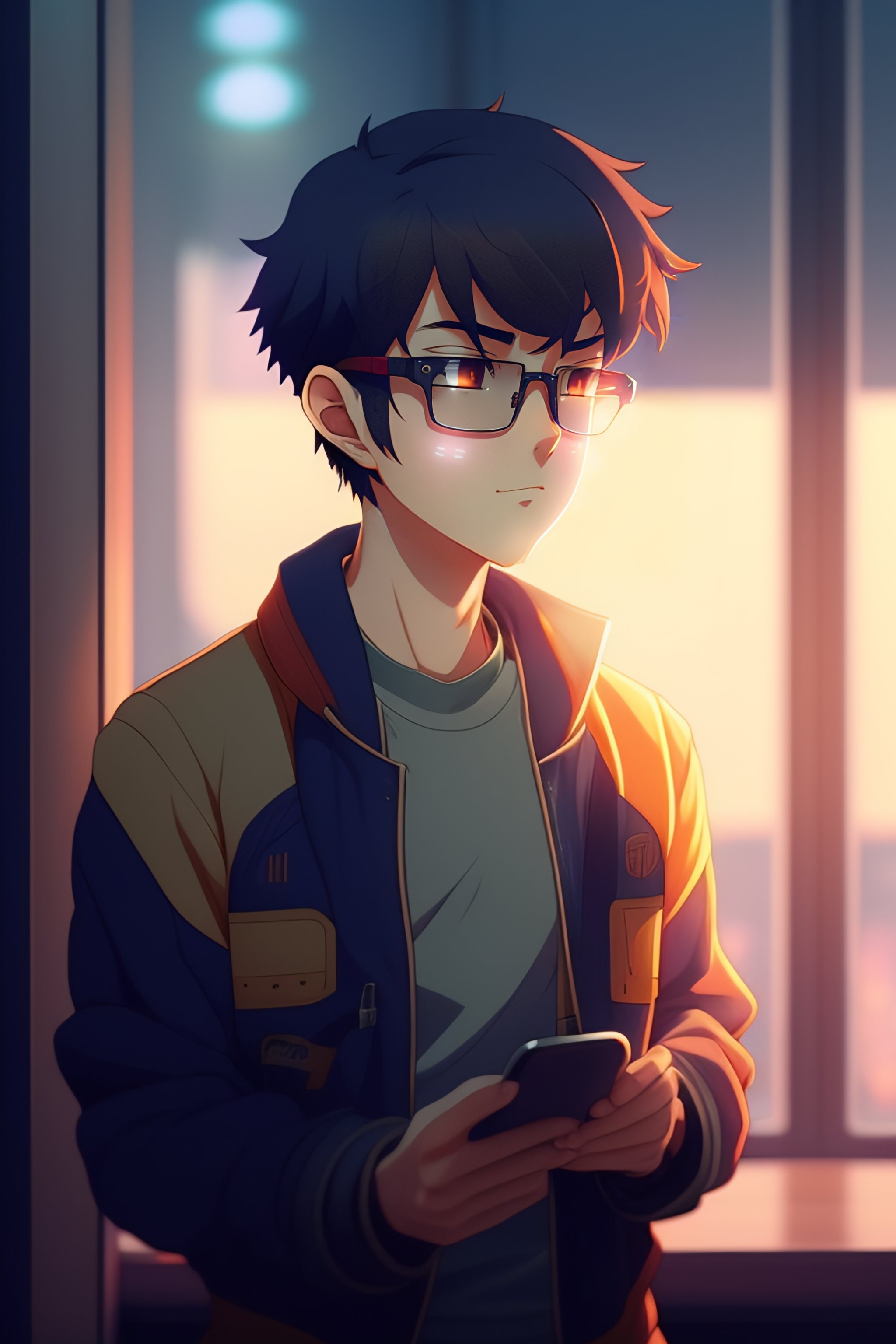 Lexica - A nerdy anime boy is using the phone scrolling in instagram in a  room full of gadgets, by makoto shinkai and ghibli studio, dramatic  lightin