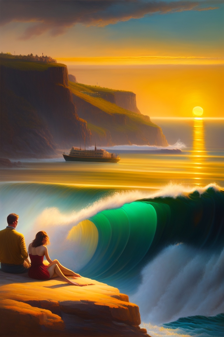 Lexica - In the oil painting, a couple rests on a cliff overlooking the ...