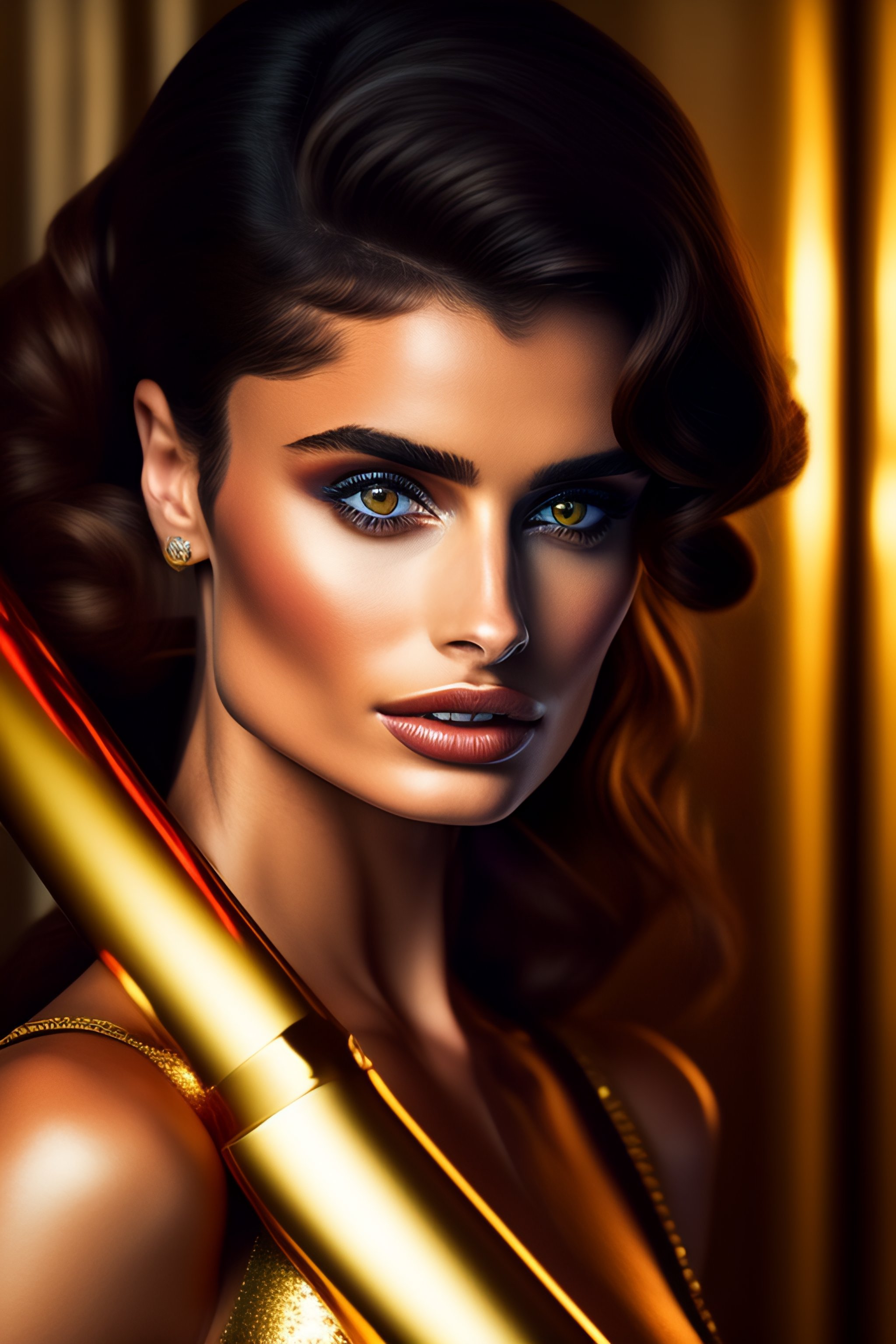 Lexica - taylor hill with a golden gun in her hands