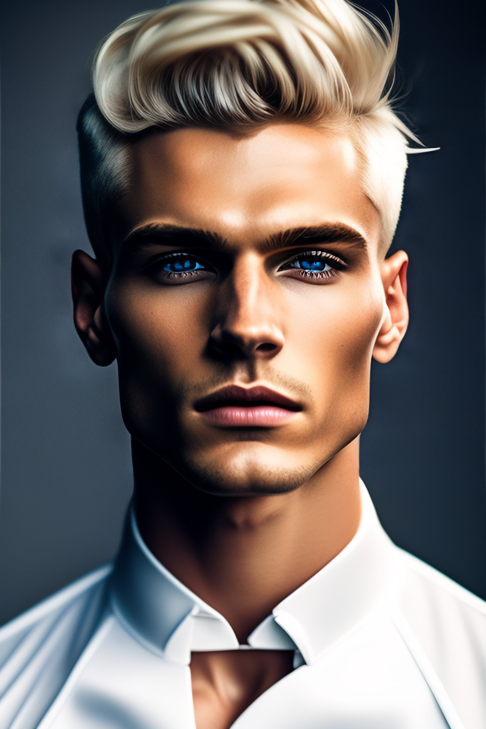 Lexica - A photo close-up of a beautiful blonde man with short hair,  fashion editorial, studio photography, magazine photography, pointed nose,  blurr...