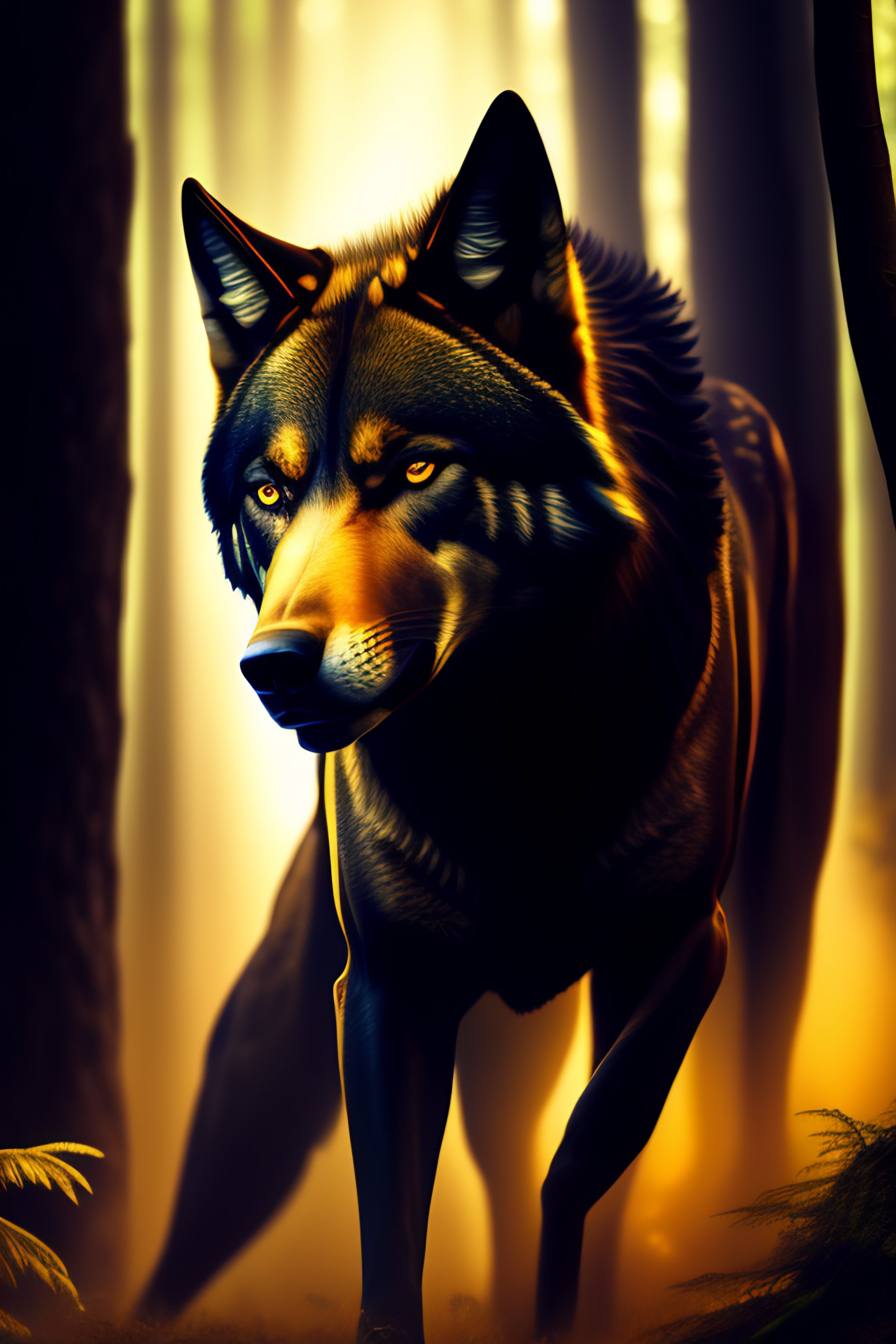 Lexica - Gold and black furred demon wolf in a forest with saddle, massive,  evil, dark fantasy, horror, big teeth