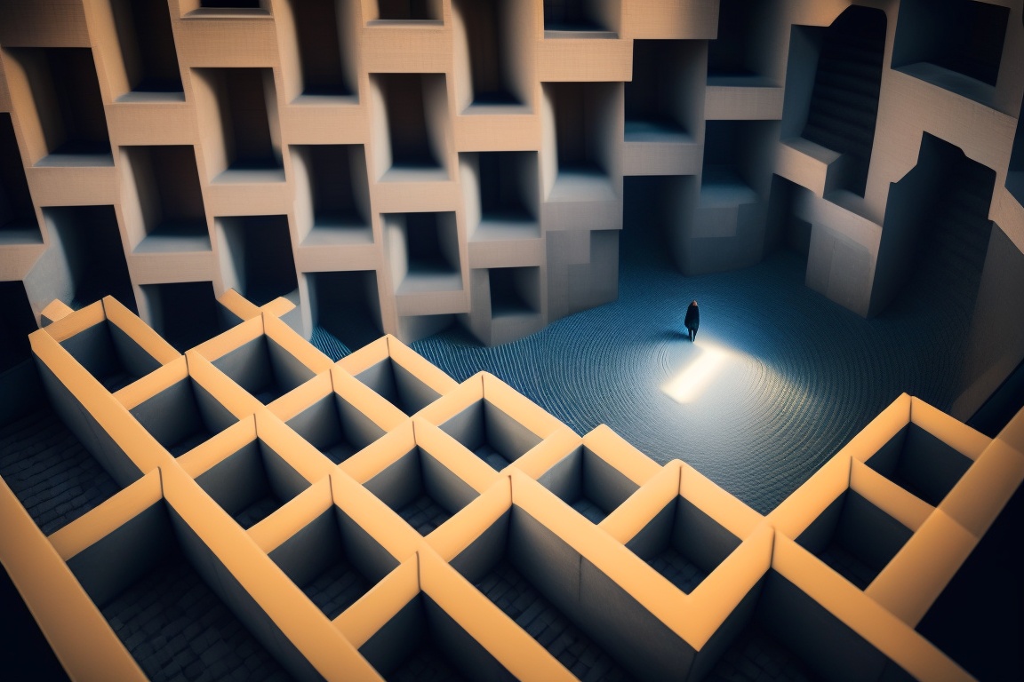 Lexica - A bird eye vie image of someone lost in a big dark, and scary maze