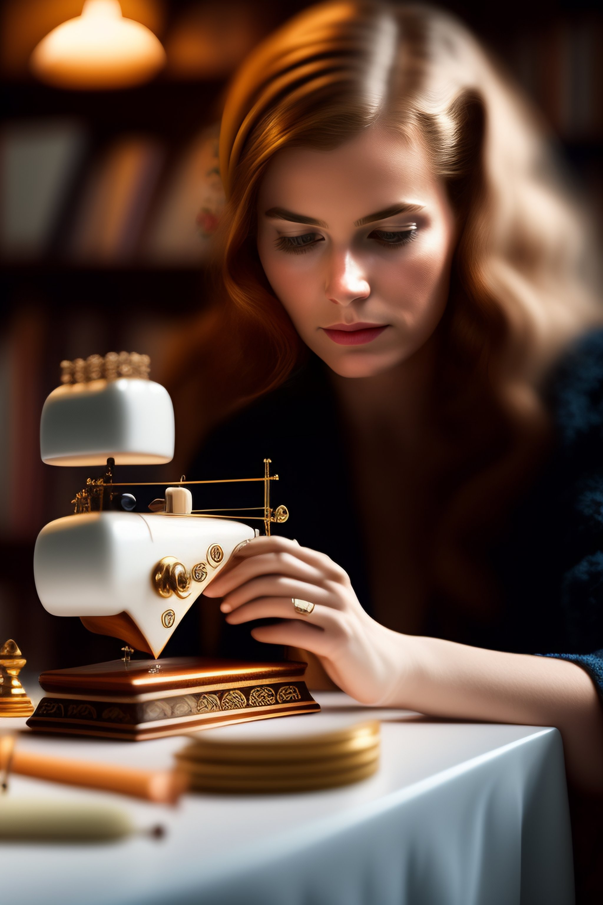 Lexica - A young white woman in the room is sitting and sewing a doll ...