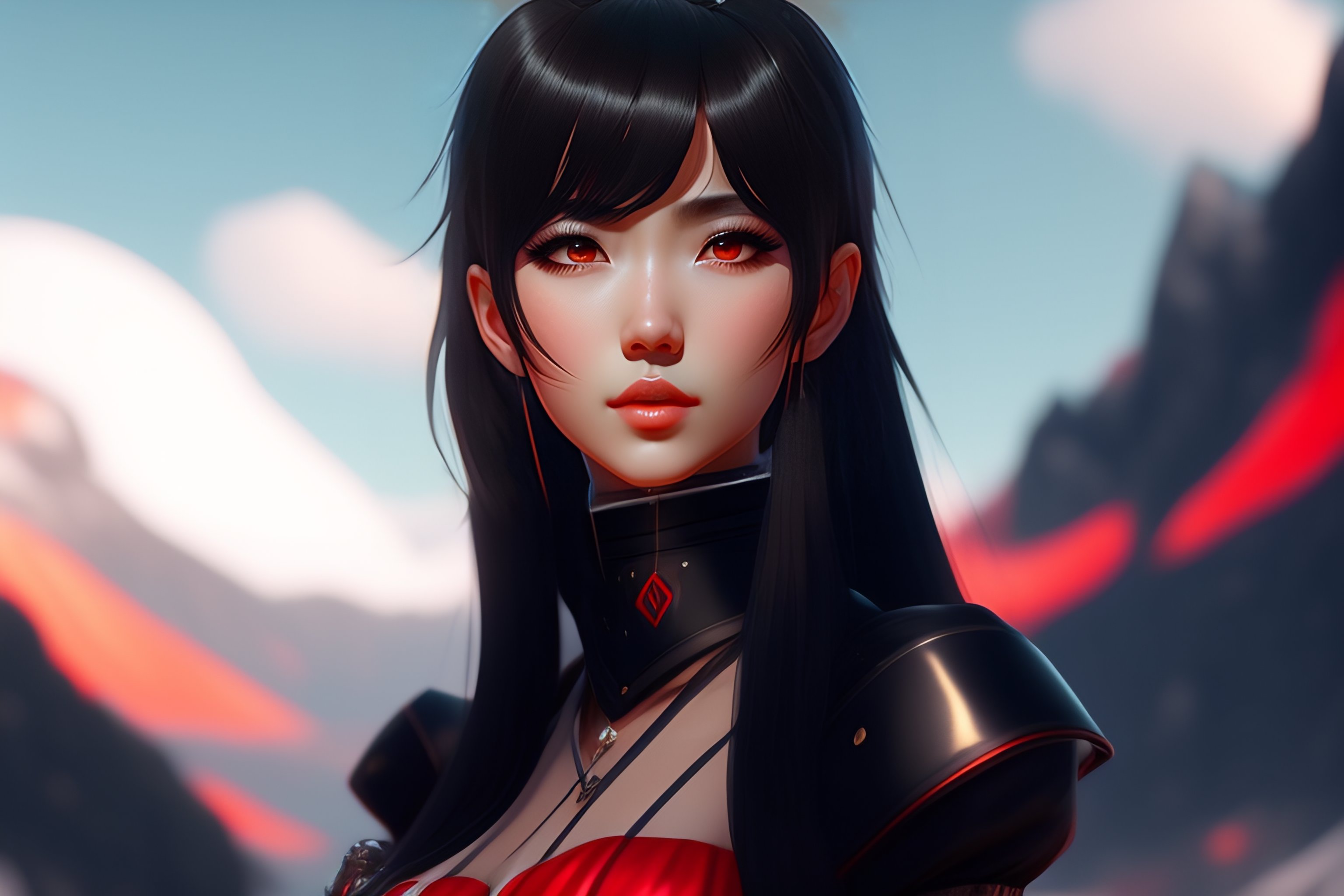 Lexica Cute Anime Girl With Red Eyes Black Hairs Flowing On The Wind Wearing Black Red Outfit 9573