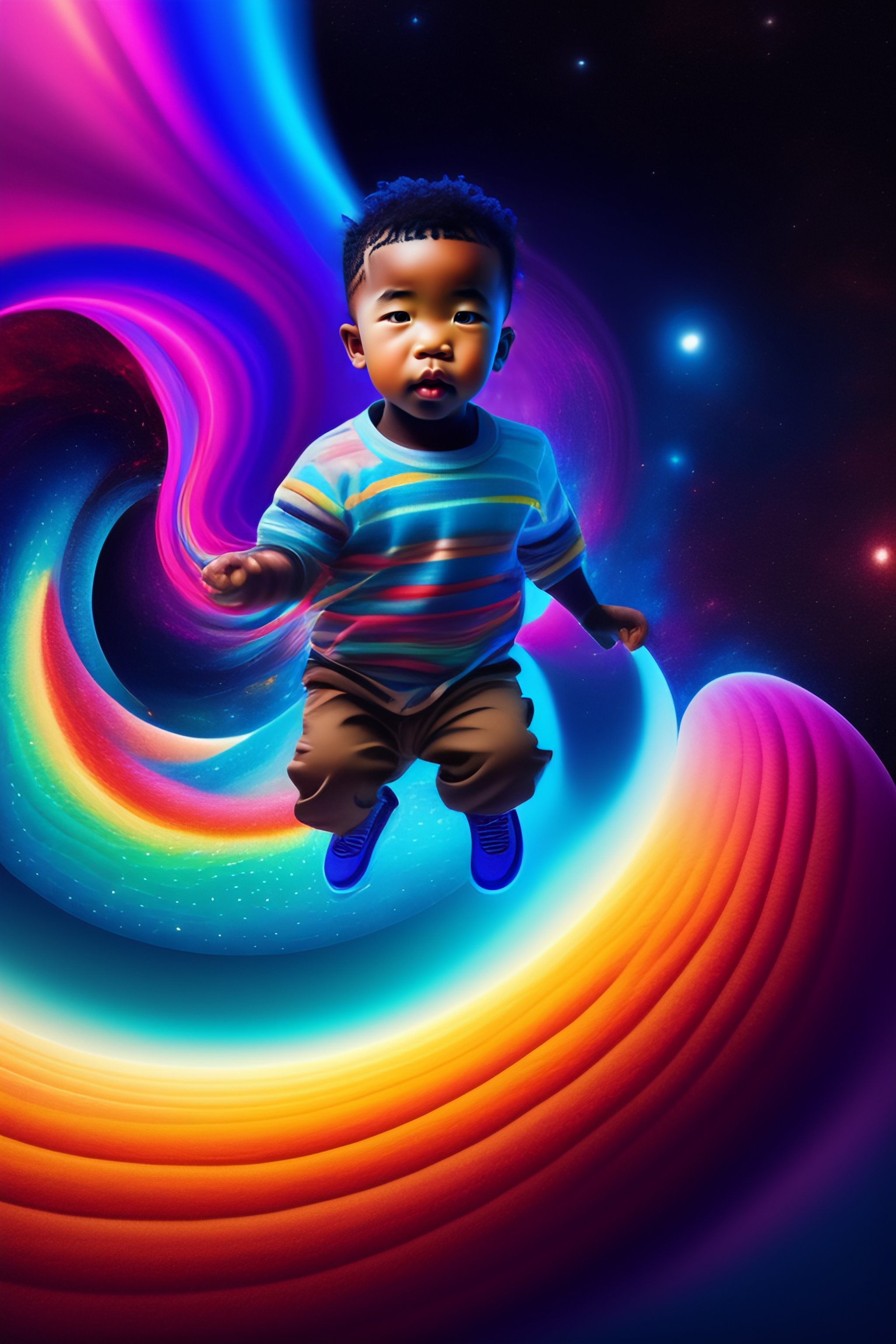 Lexica - Little asian-african boy flying in LSD world on carpet, planets,  dimensions, 8D, 8k