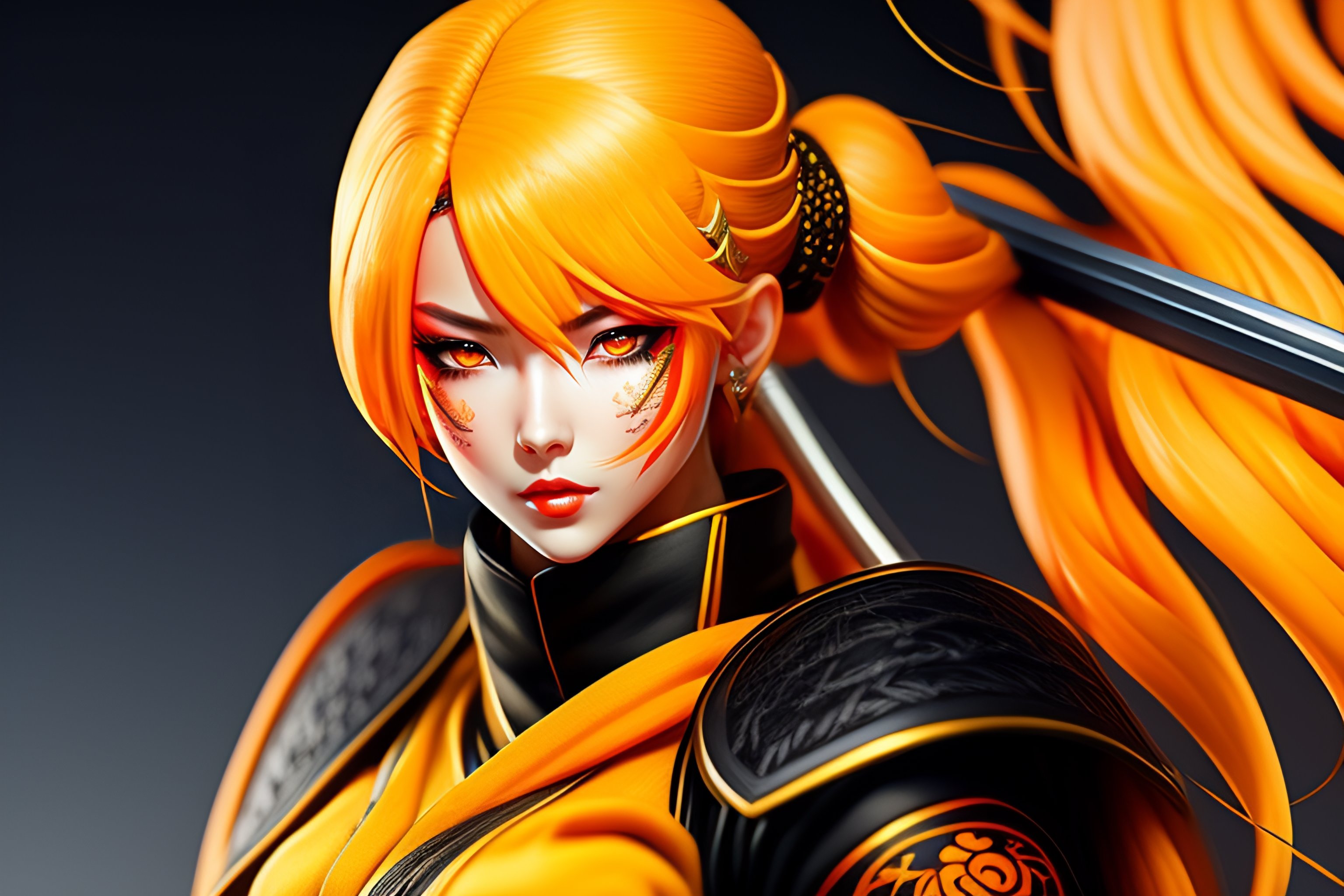 Lexica Samourai girl with japanese embroidered dress ,orange lips