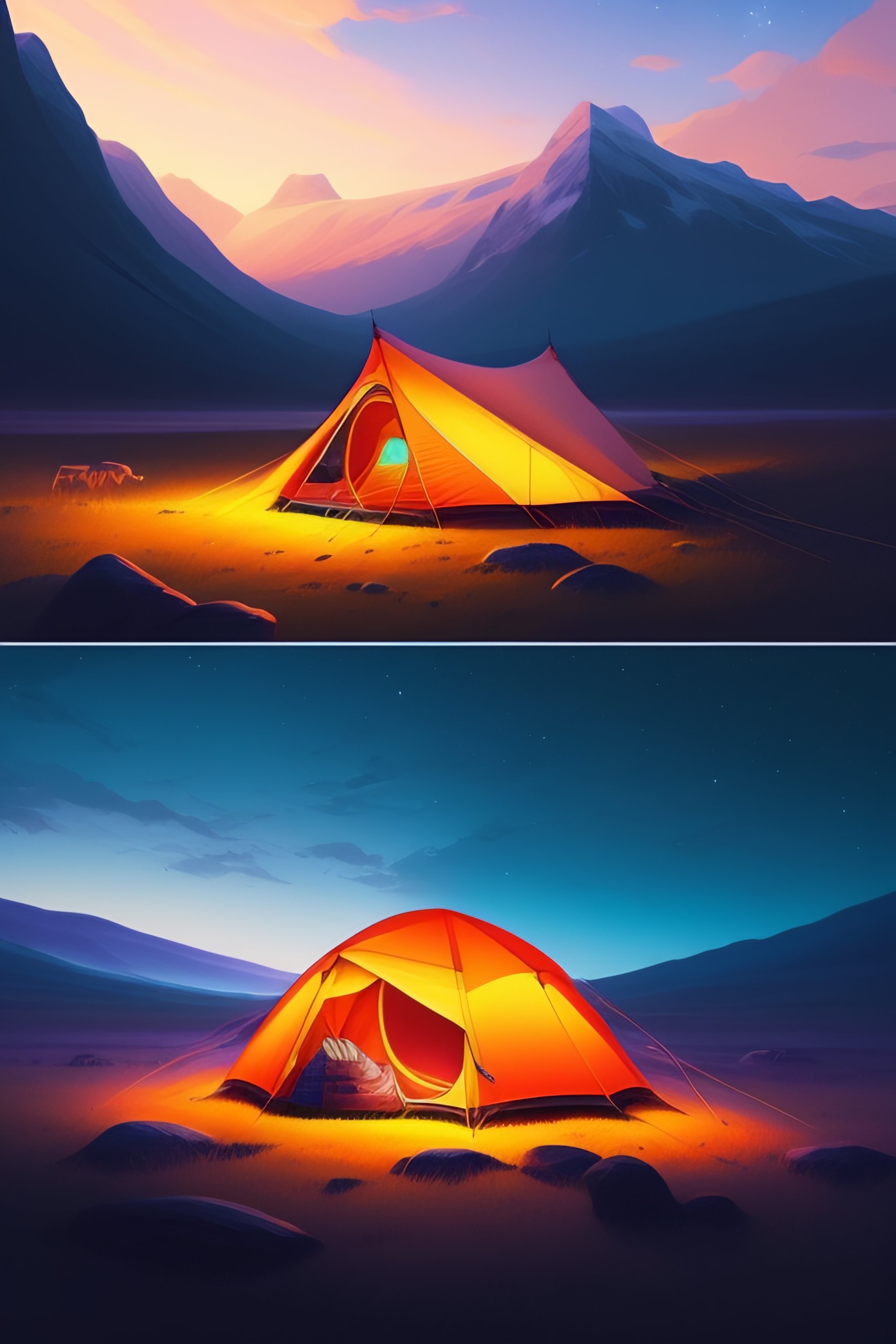 Lexica Camping, tent, Landscape, Nature, glowing stars, pitch black