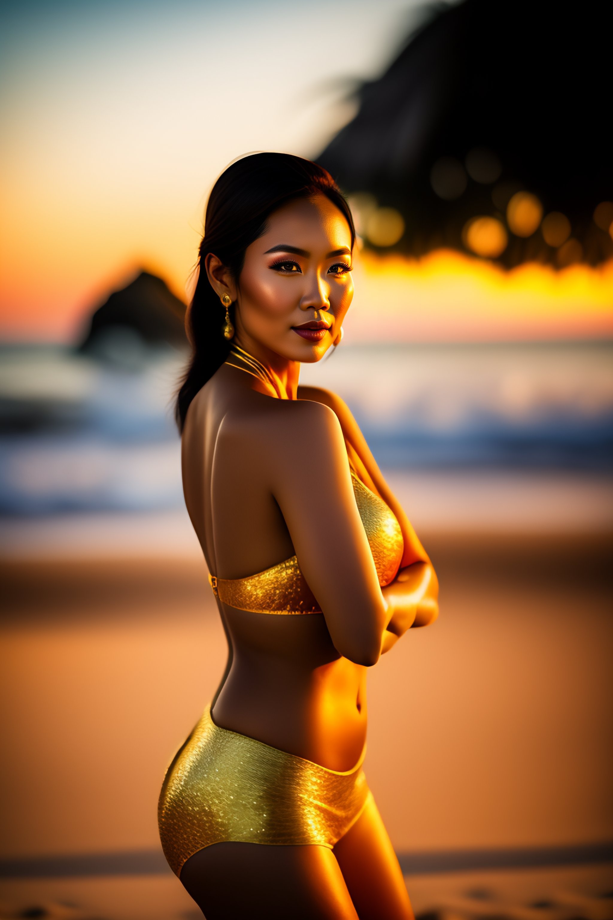 Lexica - A beautiful full body portrait of a beautiful hot Japanese girl,  beautiful detailed eyes, golden hour, standing on a beach in Boracay,  outdo