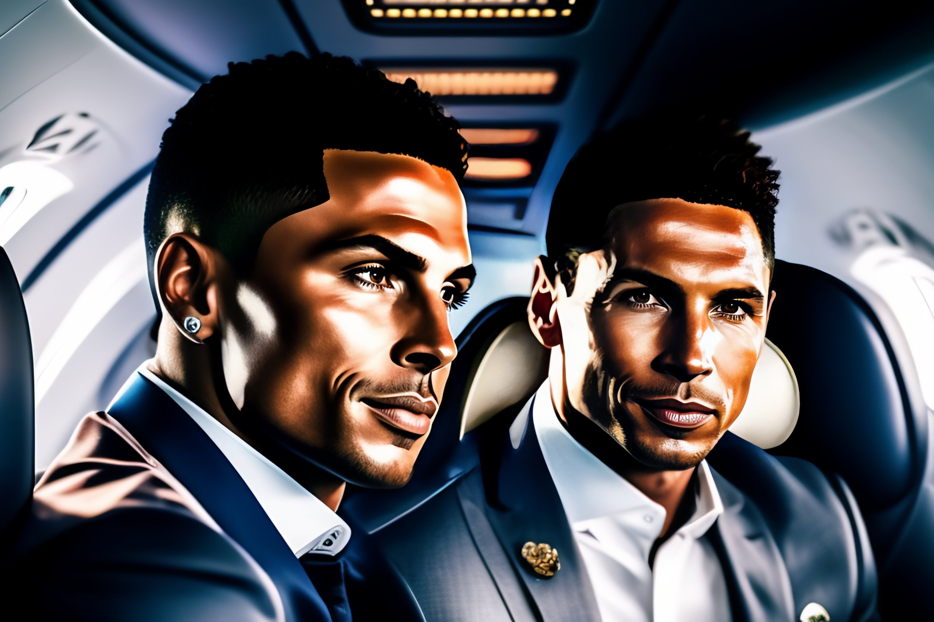 Lexica - 8k realistic shot of c-ronaldo and lionel messi, sitting in a ...