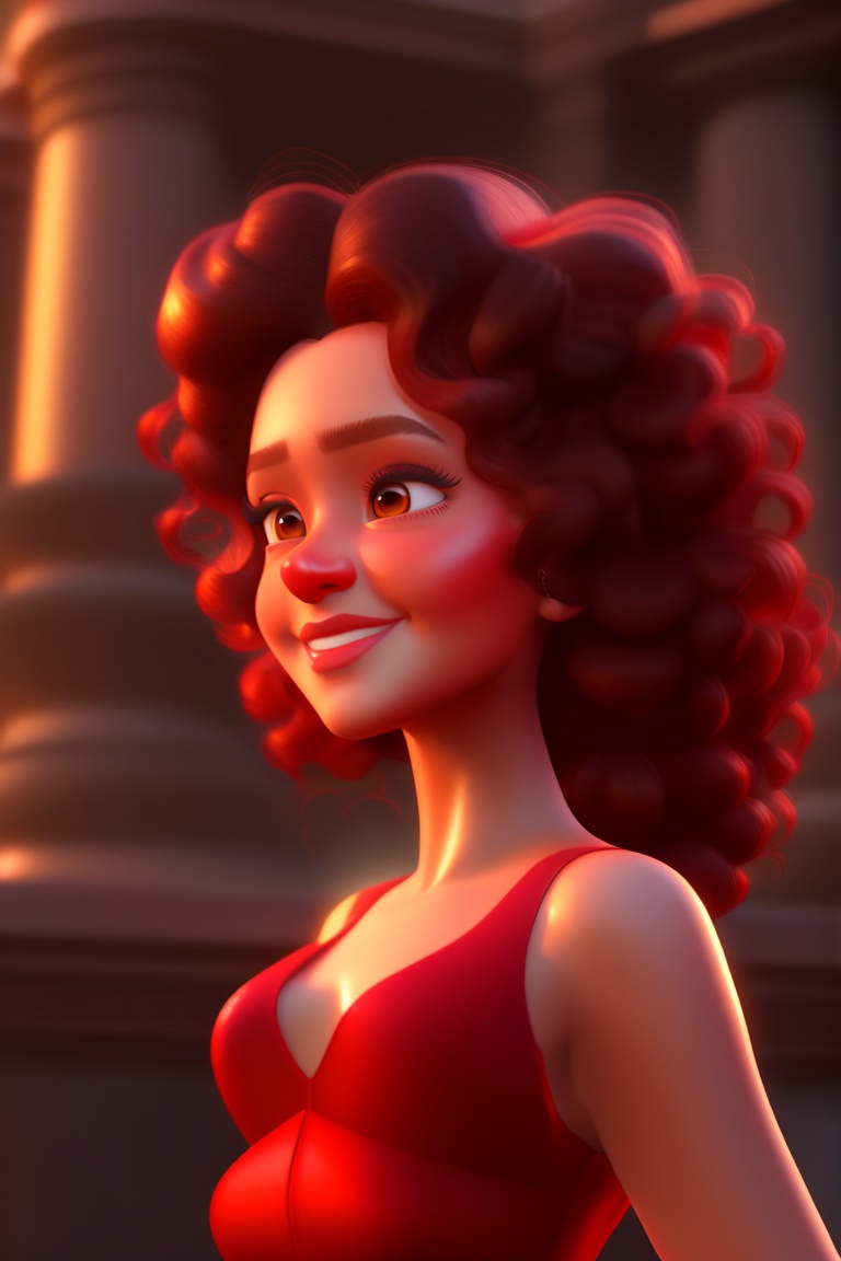 Lexica - A picture of a woman with curly hair, Pixar 3d, wearing a red ...