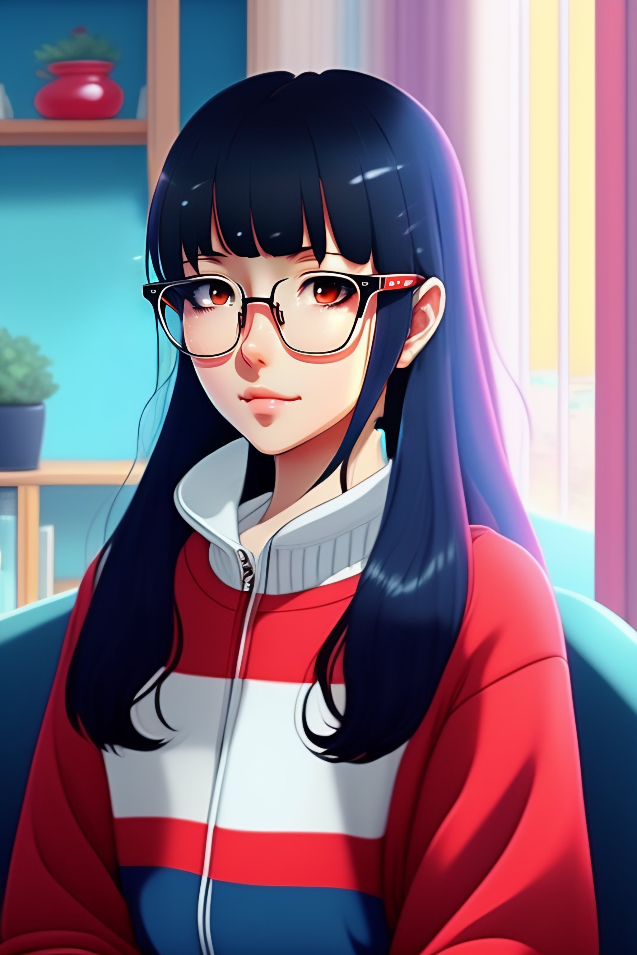 anime girl with black hair and glasses