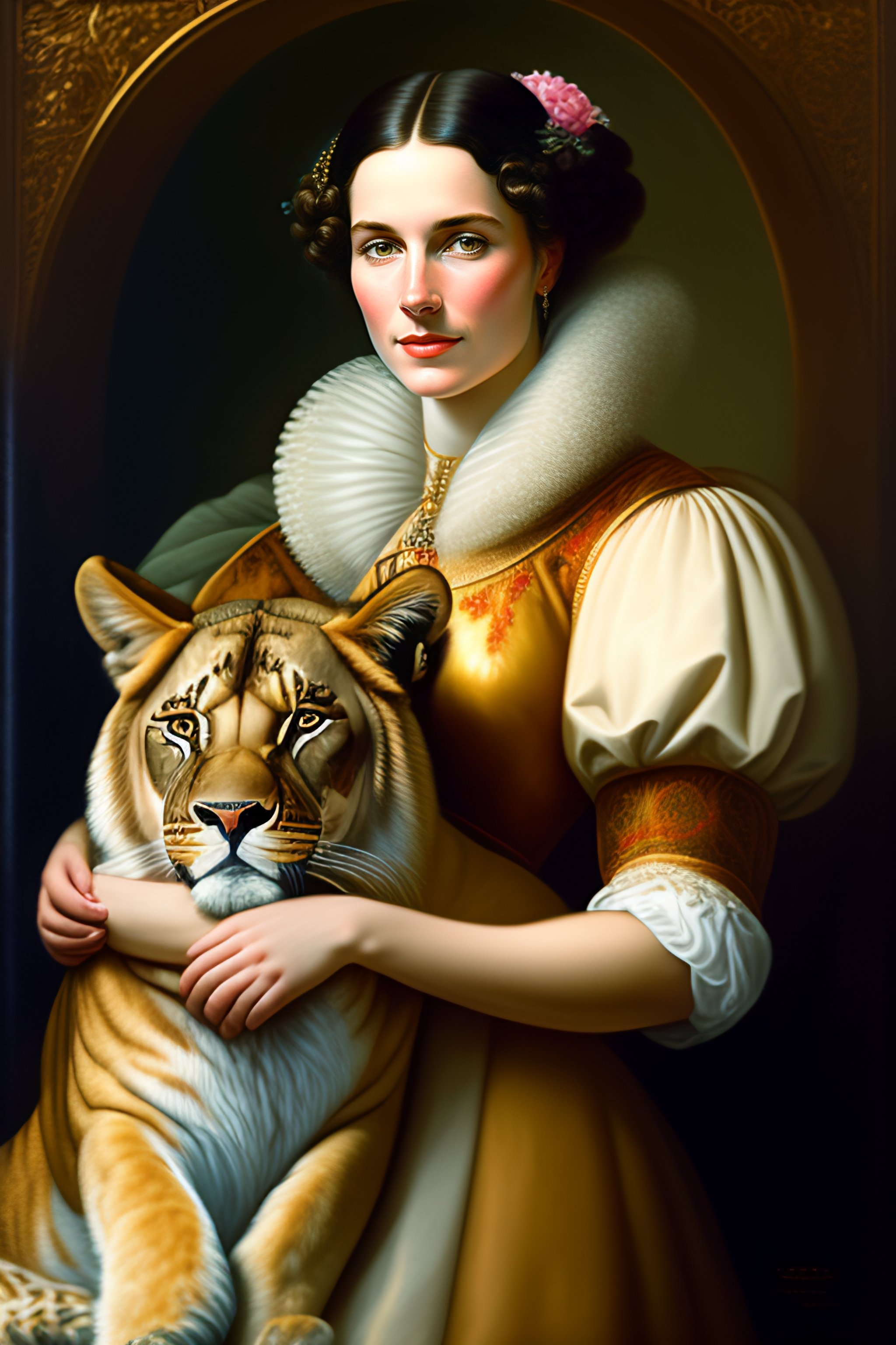 Lexica - Portrait of a woman holding a lion in one hand and a flower in ...