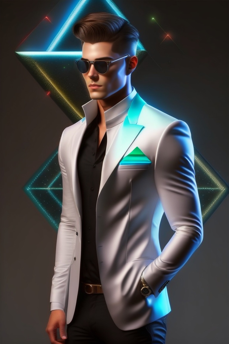 Lexica - Android man, white jacket, blue triangle on jacket, black ...