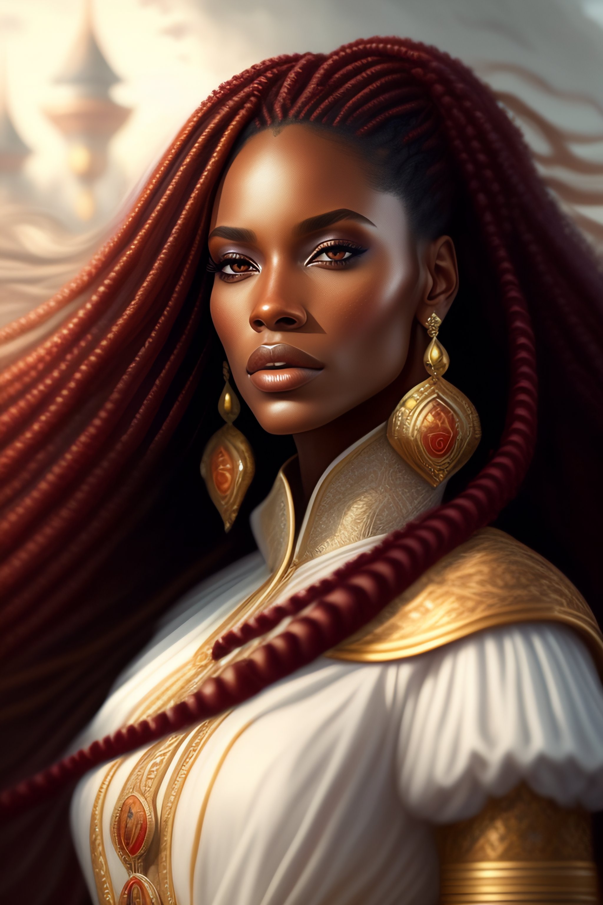 Lexica - Portrait of a queen with long marsala color dreadlocks, royal ...