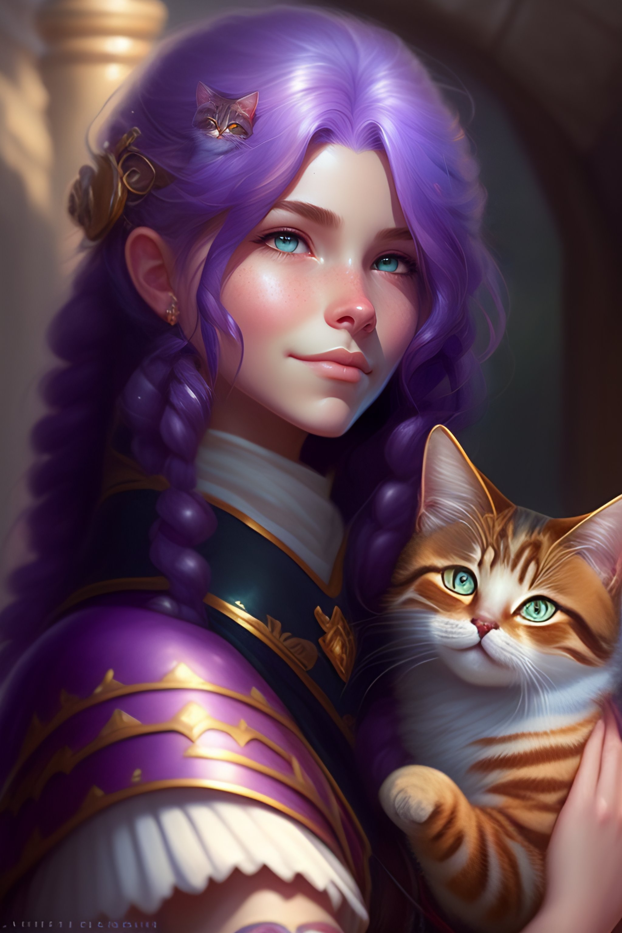 Lexica - A detailed portrait of a cute calm purple hair girl hugging a ...