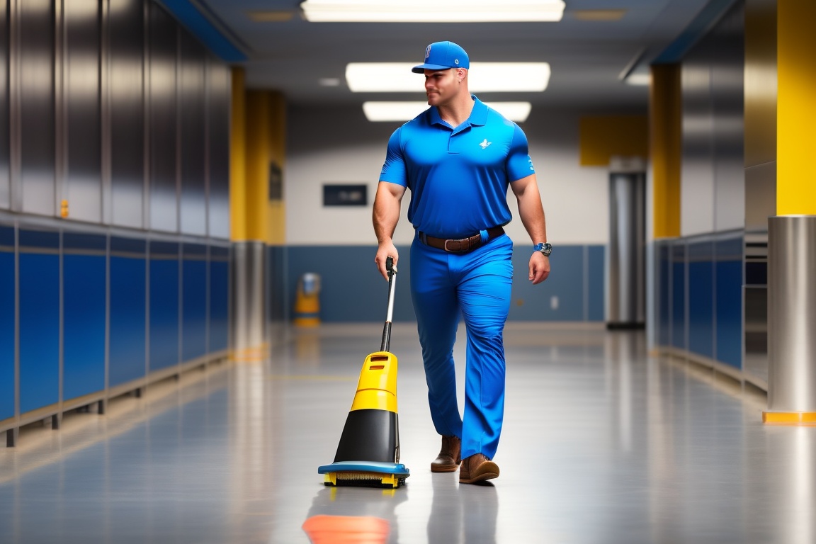Lexica White male janitor mopping tech building hallway floor