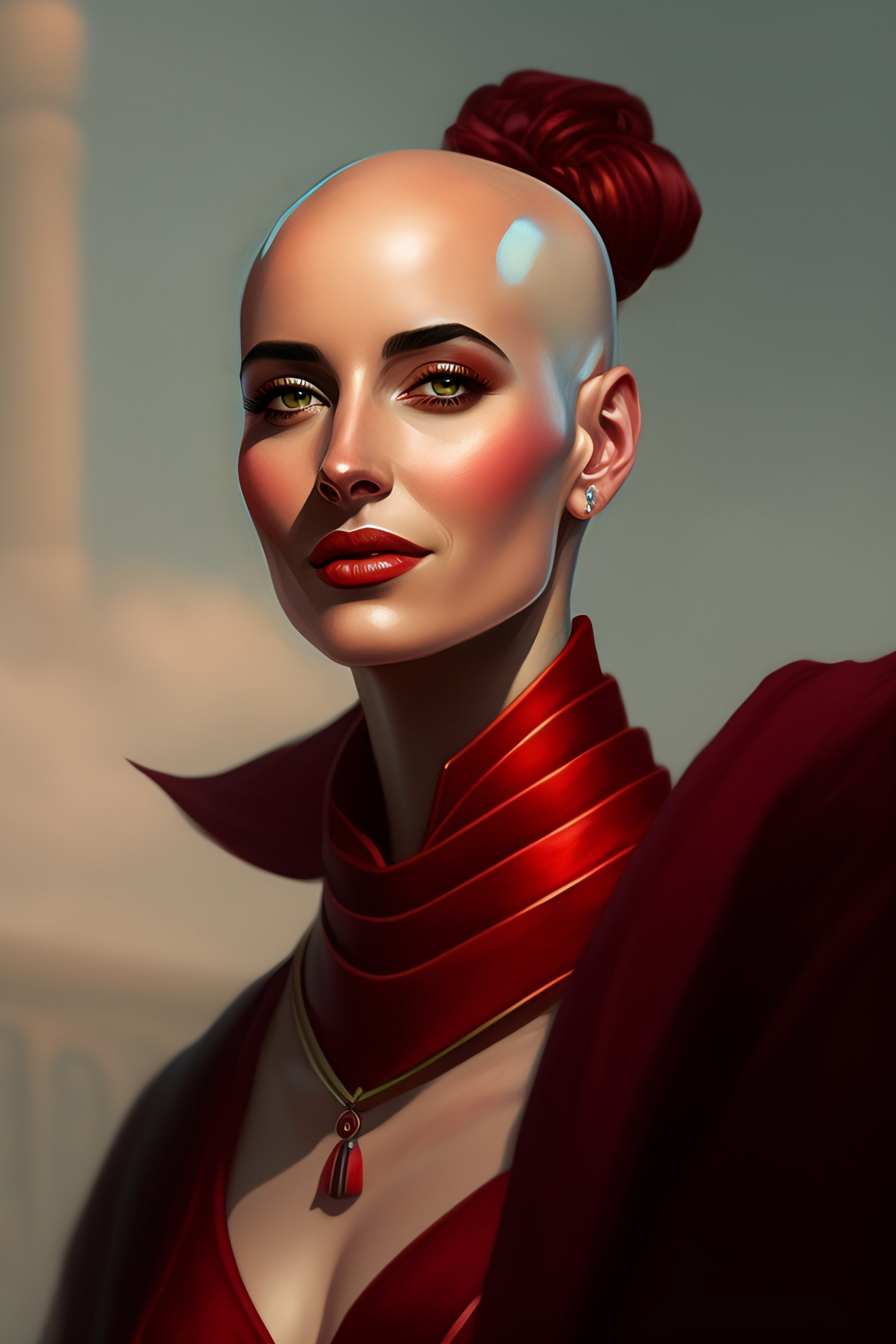 Lexica - Bald young pale woman, bald eva green, bald, dark red robes ...