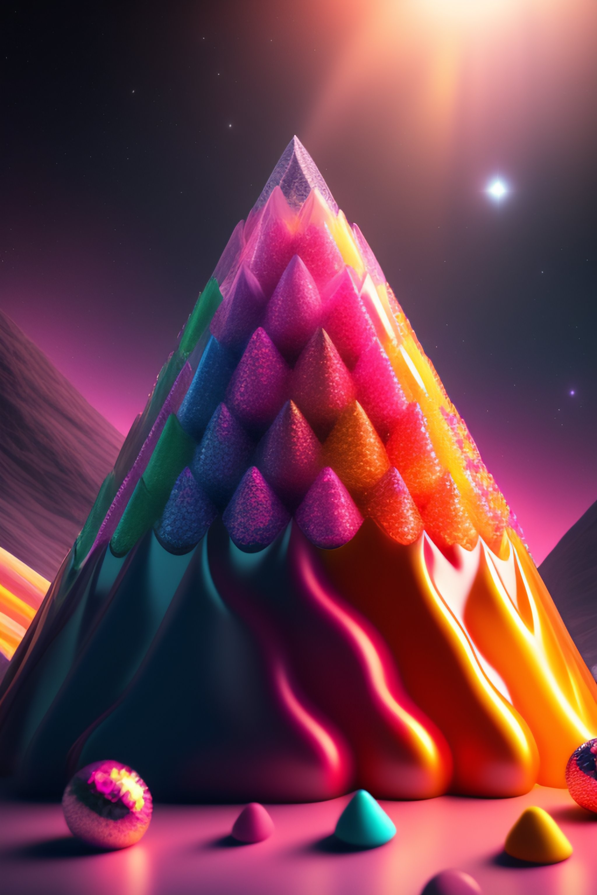 Lexica Mountain of candy in space 8K render octane high definition