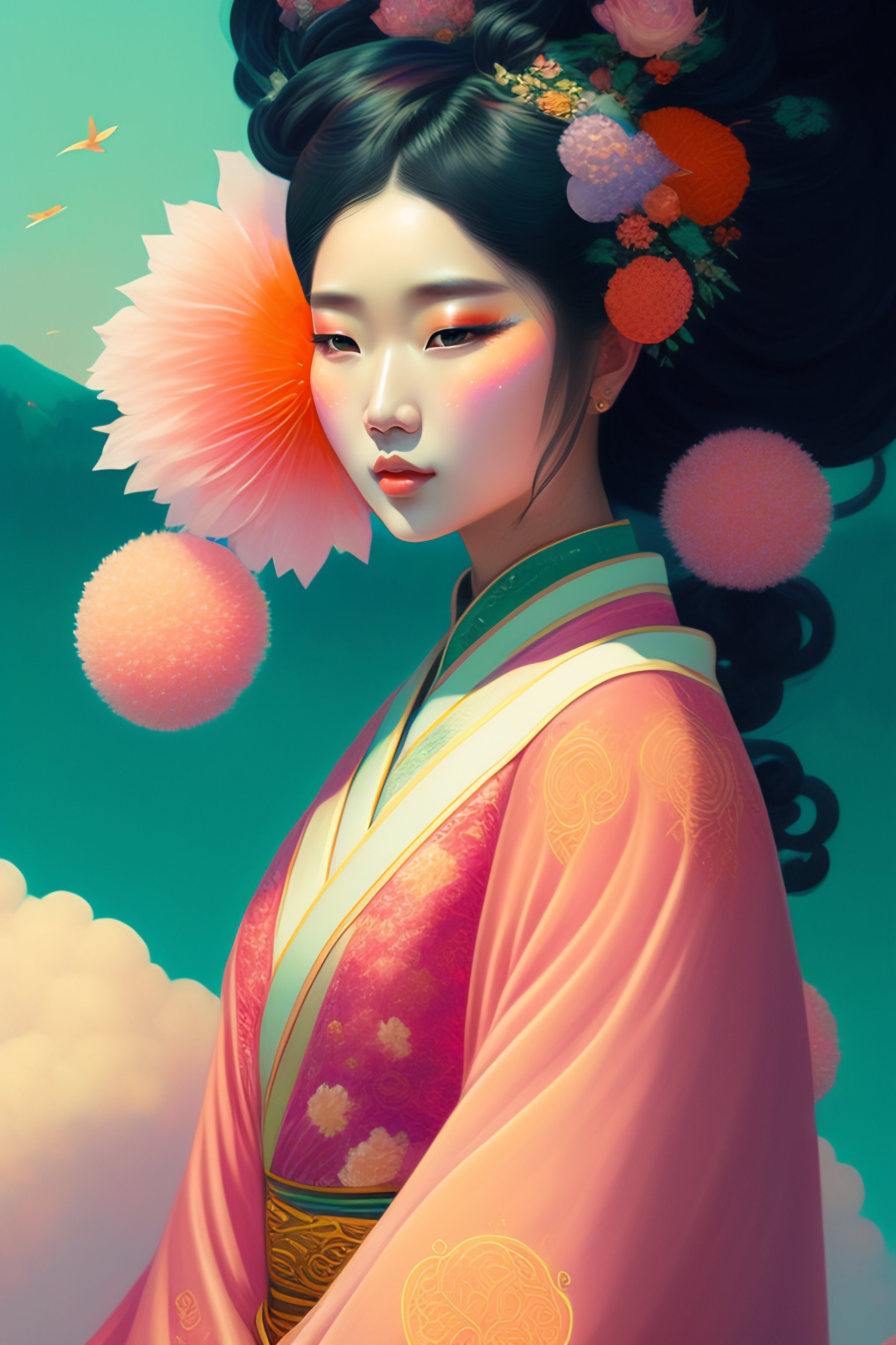 Lexica Portrait ninfa in japanese costume kimono, big hair, grass