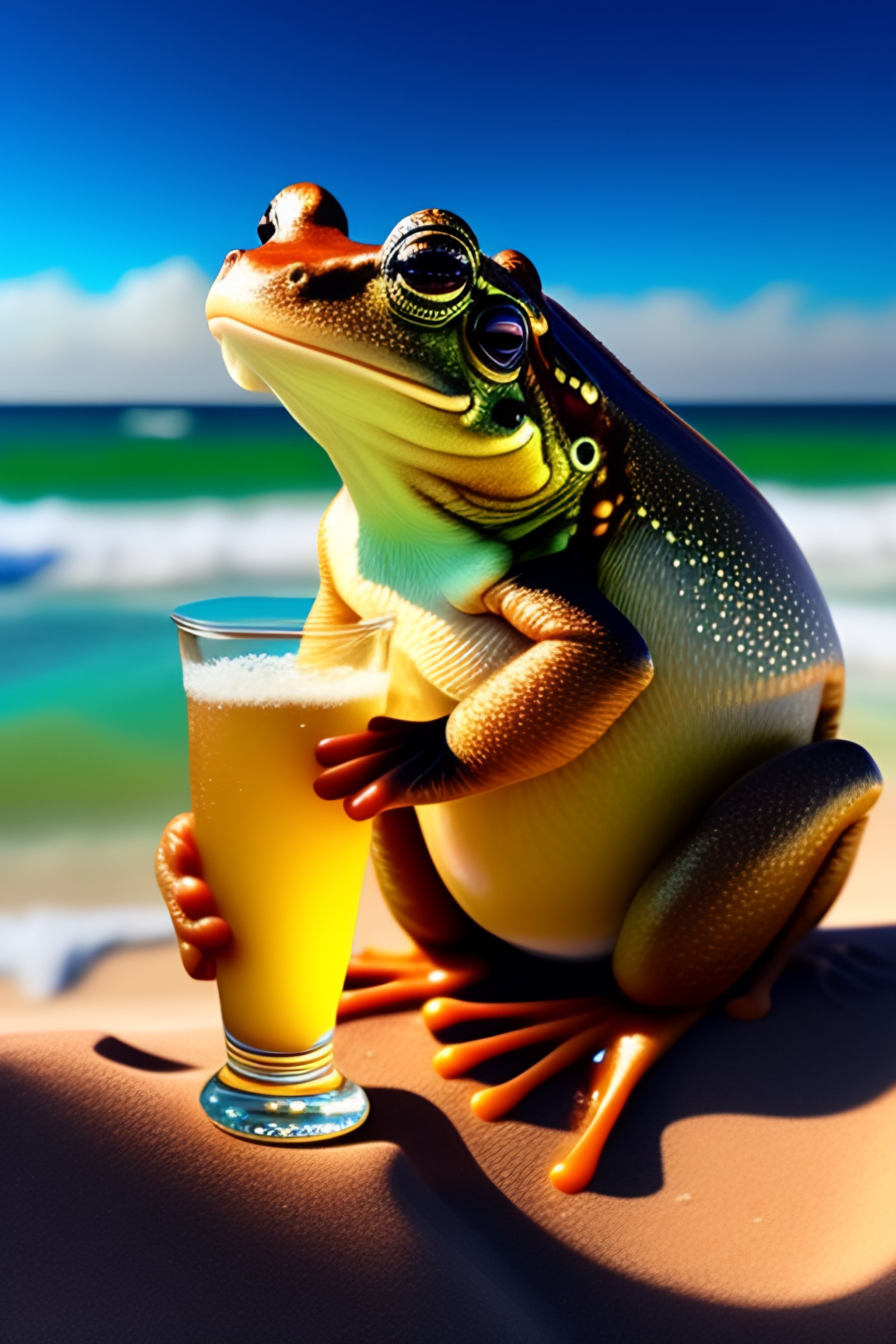 Lexica - A sexy frog eating peanuts on the beach