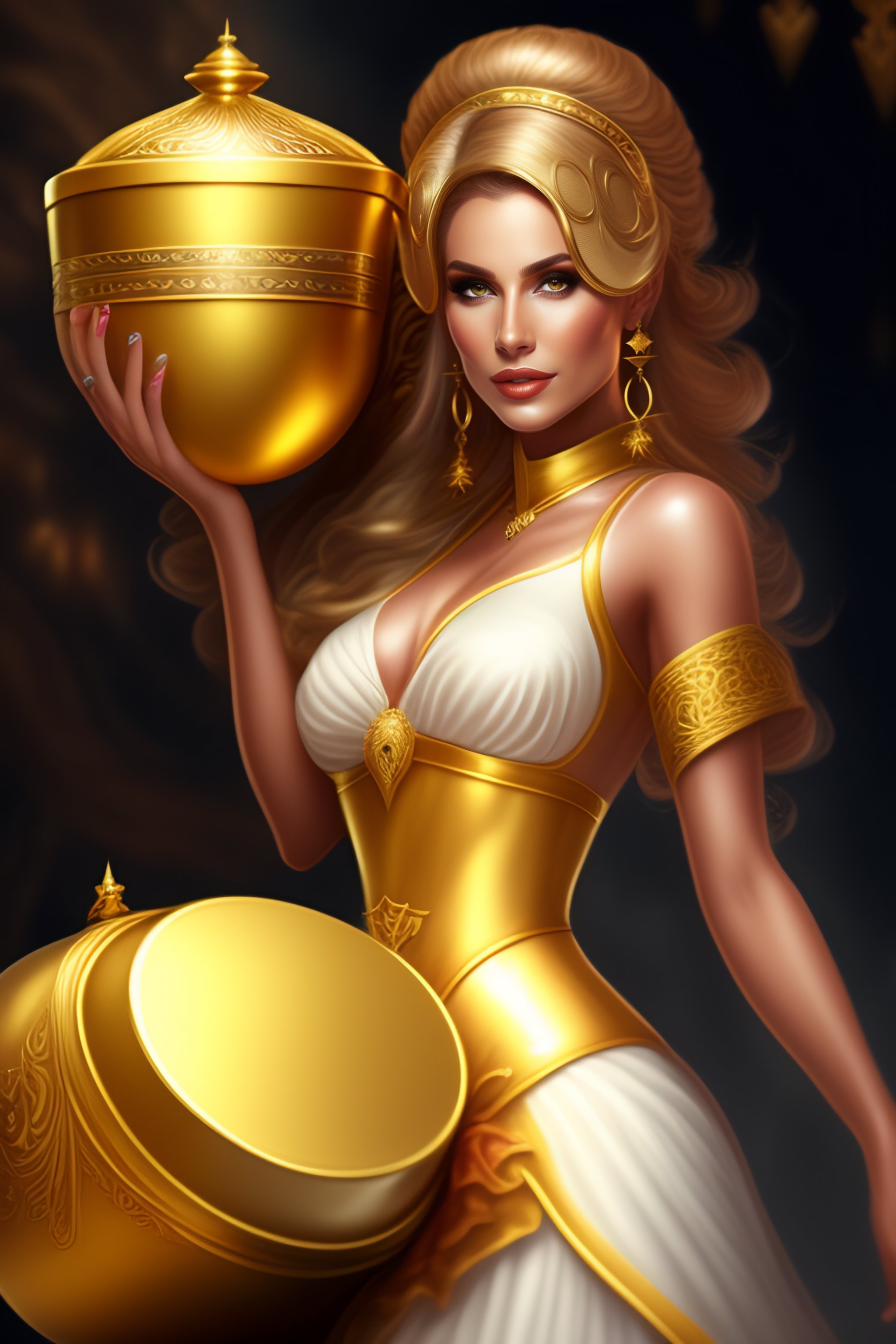 Lexica Magician Wearing A Golden White Dress Carrying A Chest On Her Back Fantasy Style